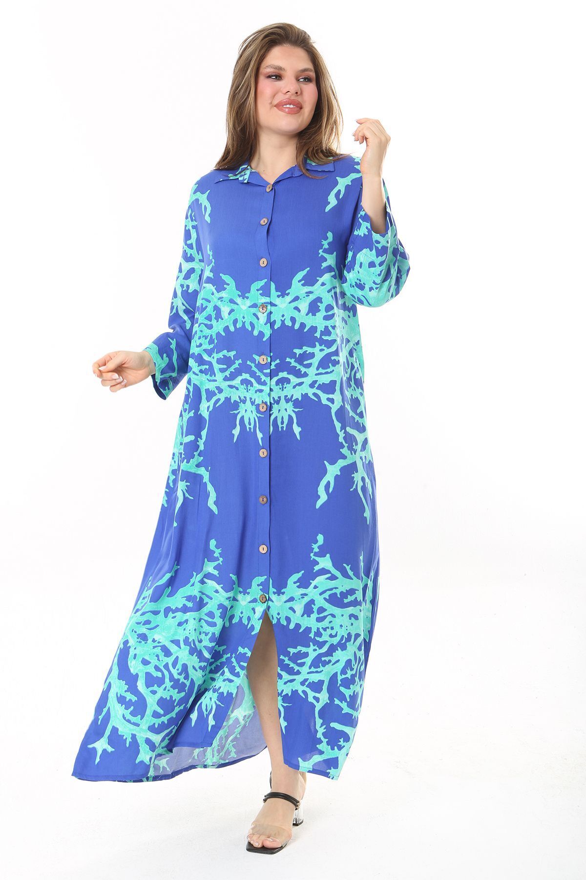 Şans-Rochie lungă cu guler de cămașă, cu nasturi, cu lungime în față, Saxe, pentru femei 65N37875 7