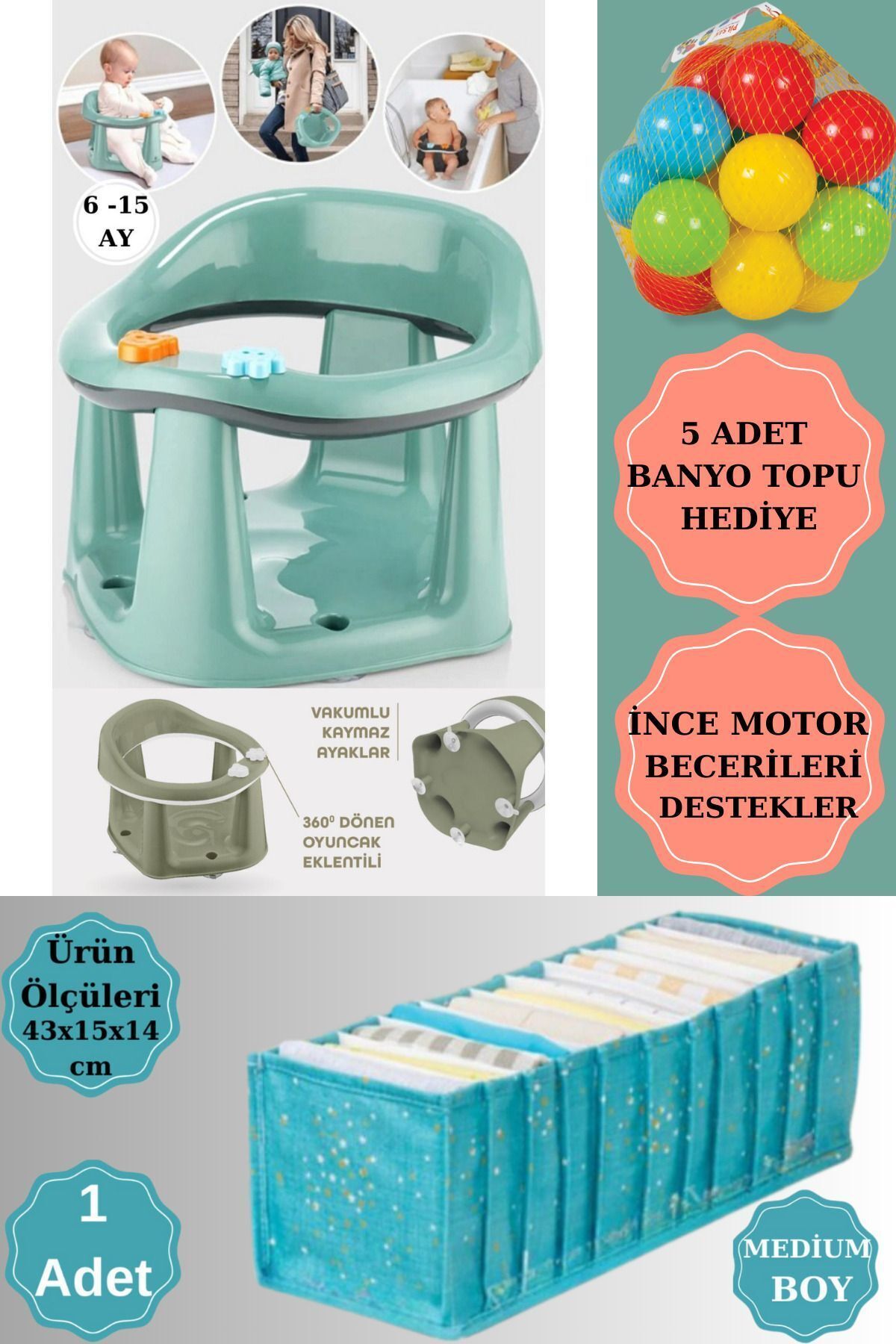 Bebek Banyo Oturağı -Vakum Tabanlı Bebek Mama Oturağı-Bel Destekli VakumluMama Akordiyon Düzenleyici