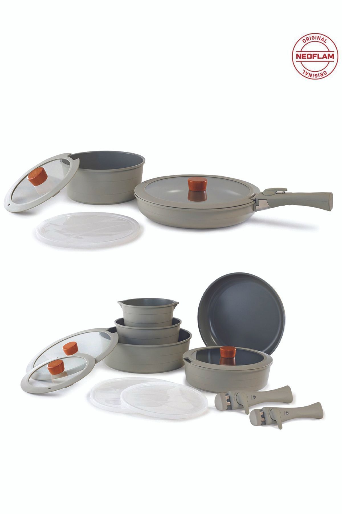 NEOFLAM-Midas Gray 18-Piece Interlocking Induction Pot and Pan Set with Detachable Handle 1