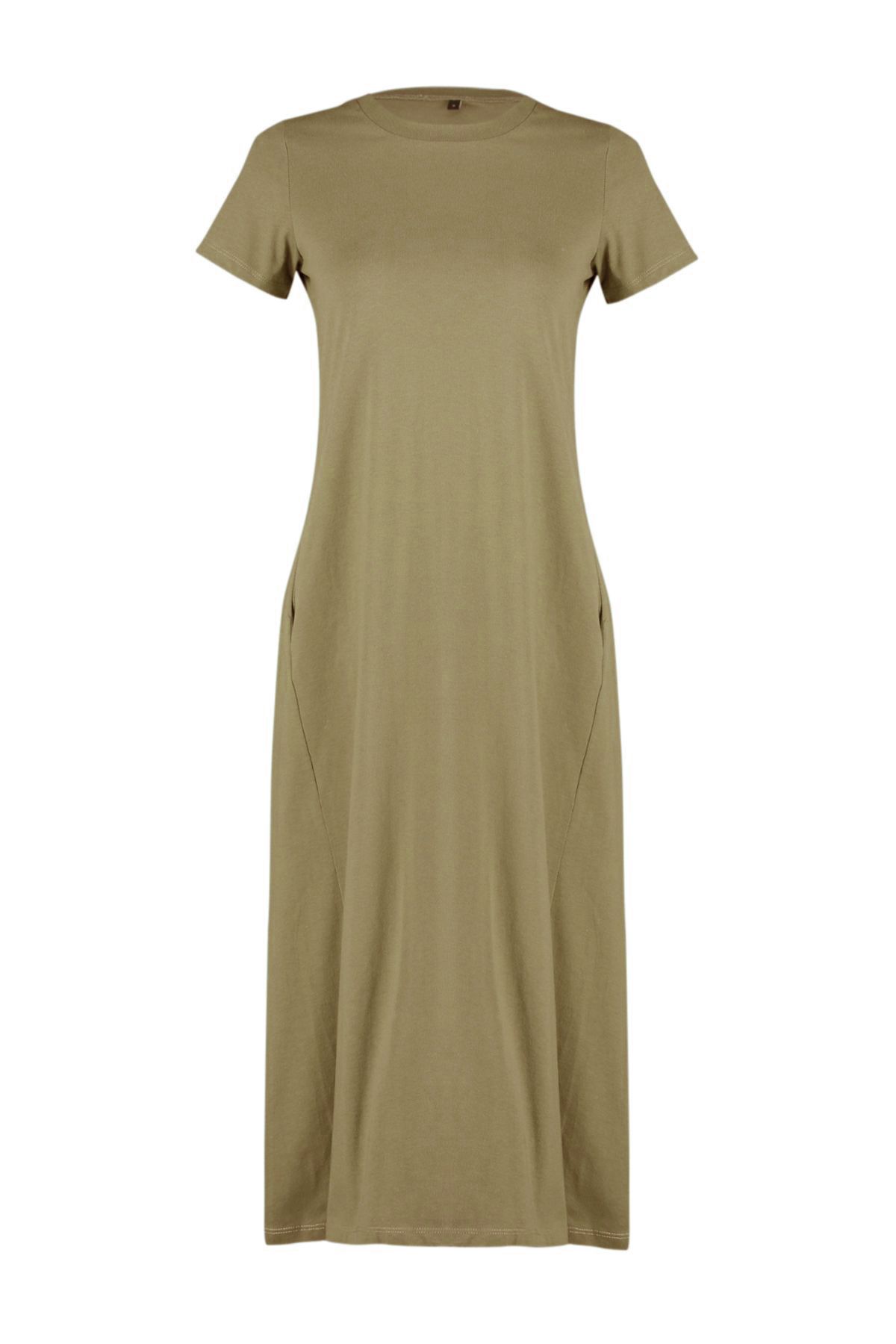 Trendyol Collection-Khaki Pocketed Premium Crew Neck A-Line Knitted Midi Dress TWOSS24EL00169 6