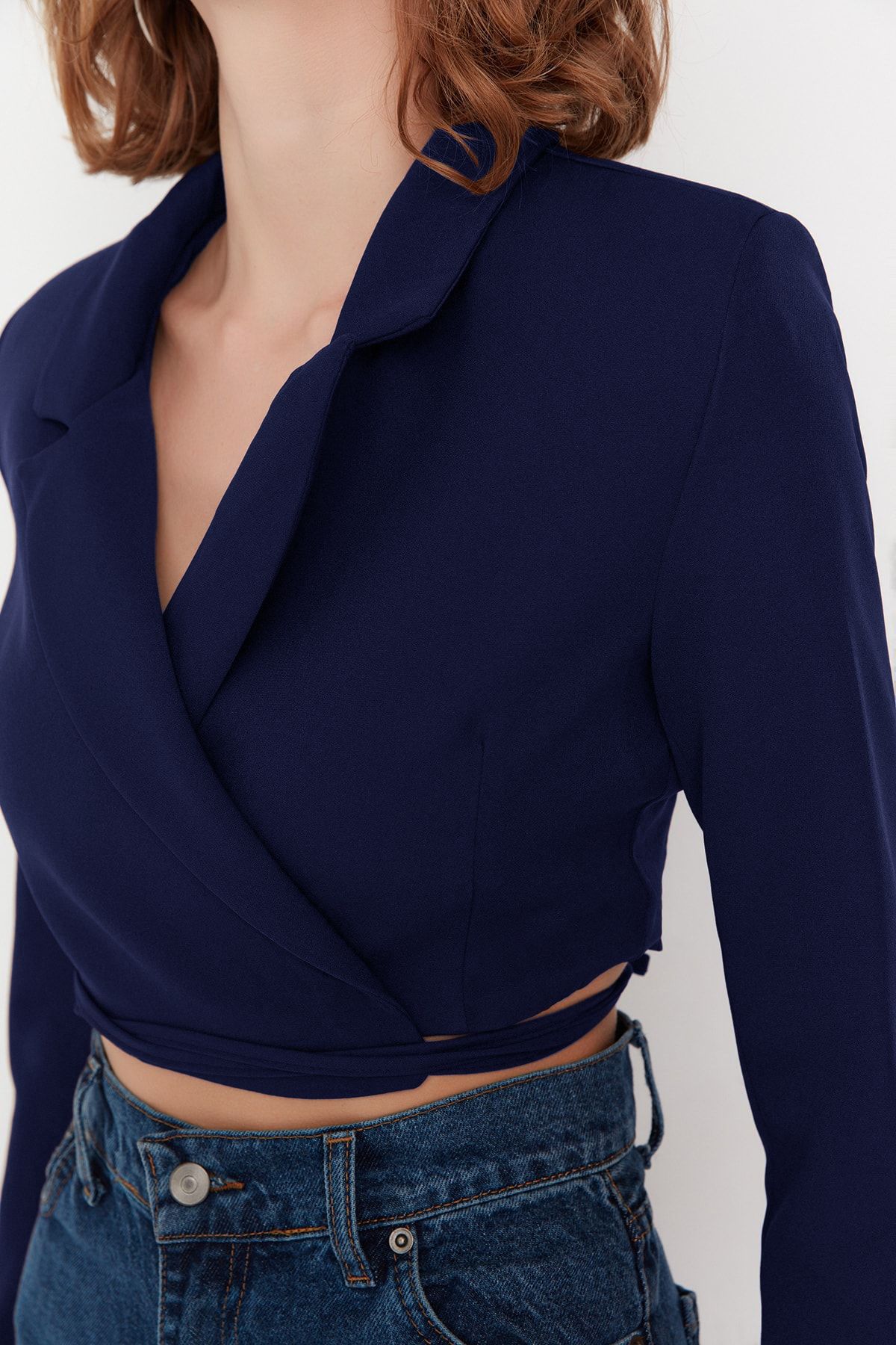 Trendyol Collection-Μπλε Navy Crop δέσιμο Λεπτομερές υφαντό σακάκι σακάκι TWOAW23BC00100 4