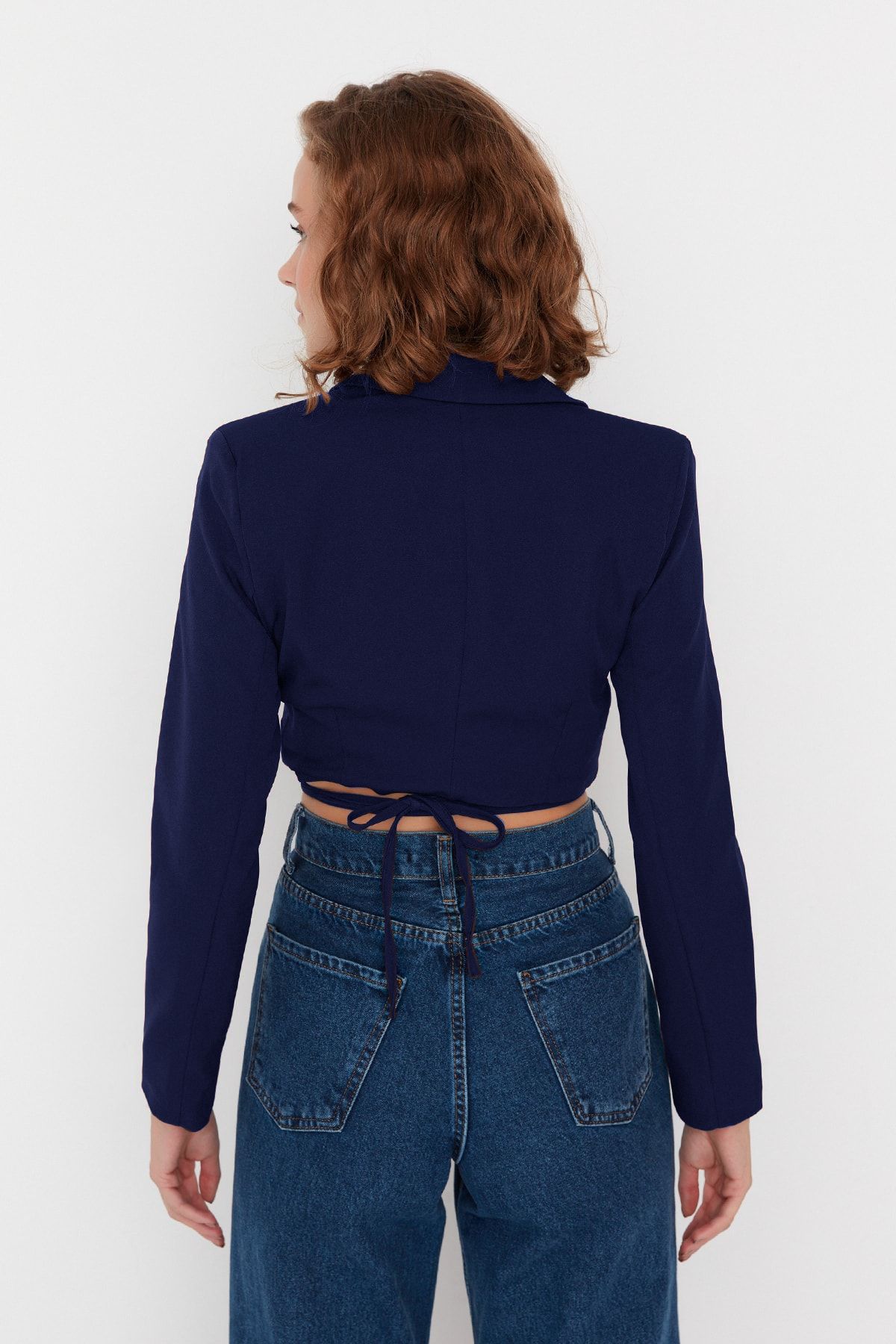 Trendyol Collection-Μπλε Navy Crop δέσιμο Λεπτομερές υφαντό σακάκι σακάκι TWOAW23BC00100 5