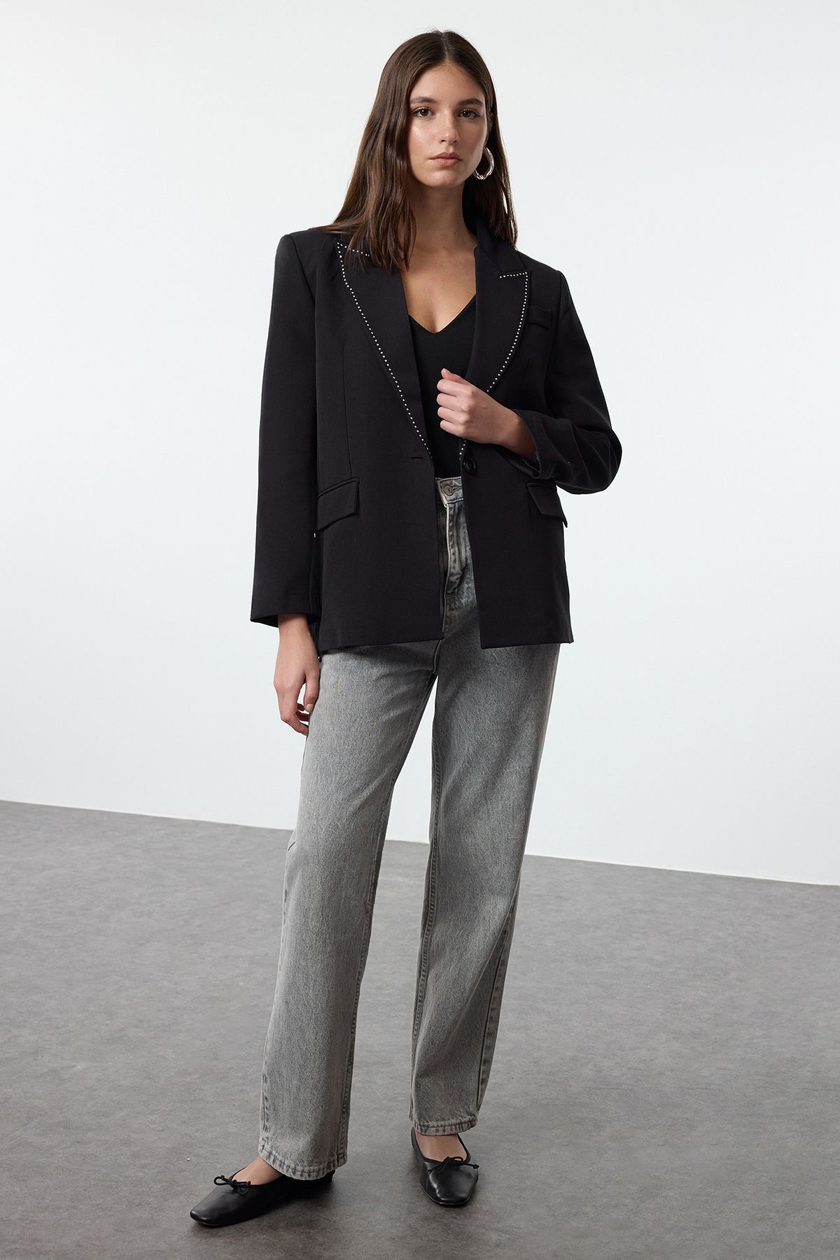 Trendyol Collection-Тъкано сако с черна яка и детайли Twoaw25Bc00006 1