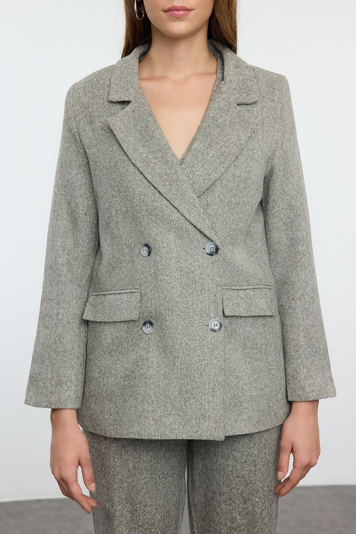 Trendyol Collection-Green Herringbone Woven Blazer Jacket and Vest Pants Set - Twoaw25Au00110 3