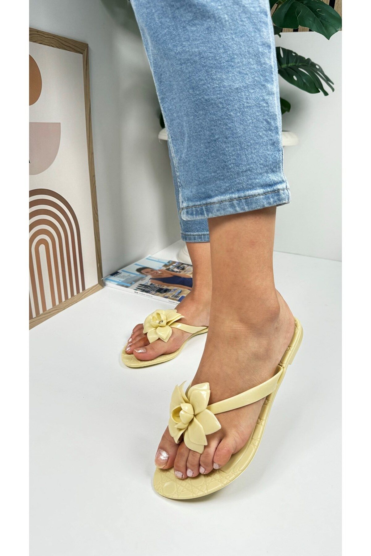 Nstil-Beige Women's Slippers - Flip Flops Oval Toe, Flat Sole and Flower Detail C8 5