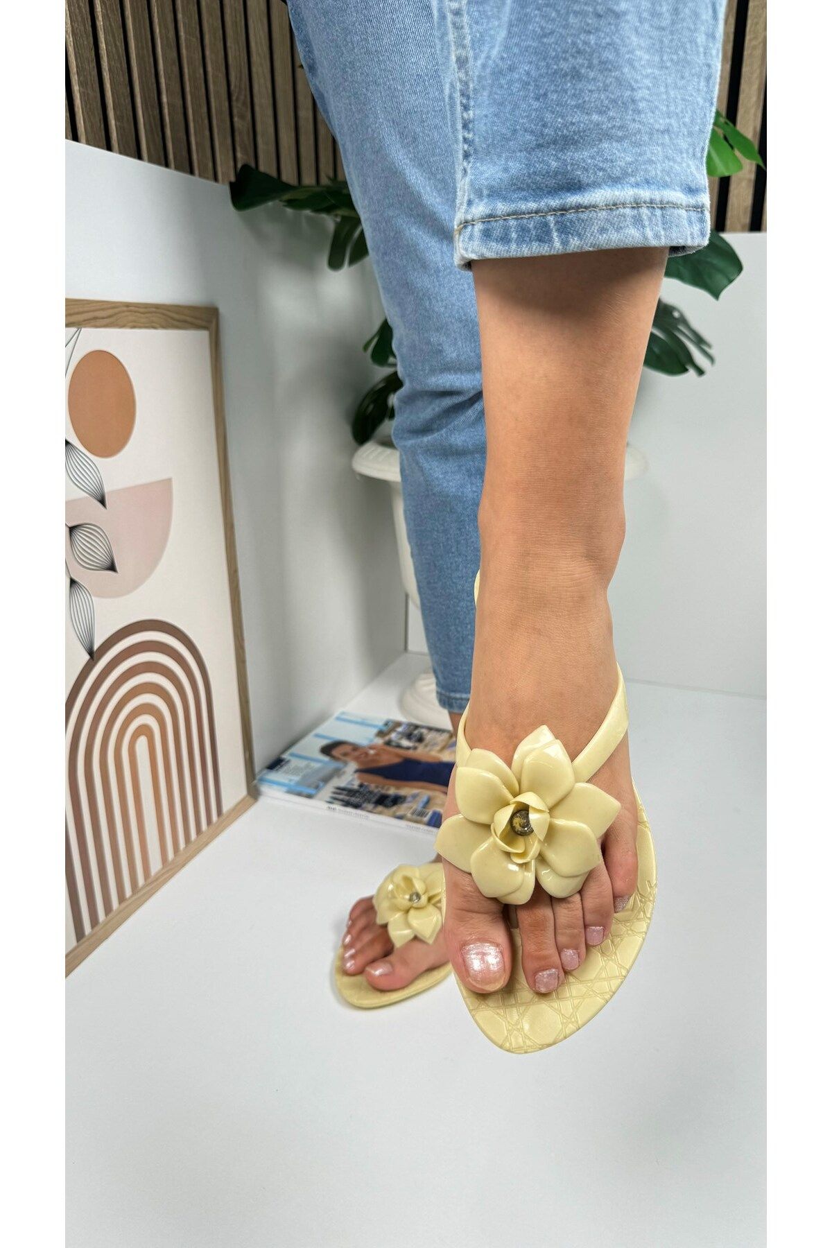 Nstil-Beige Women's Slippers - Flip Flops Oval Toe, Flat Sole and Flower Detail C8 7