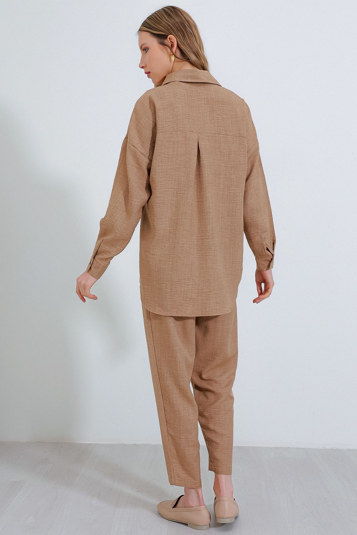 Bigdart-Women's Camel Oversize Linen Bottom Top Set 6622 5