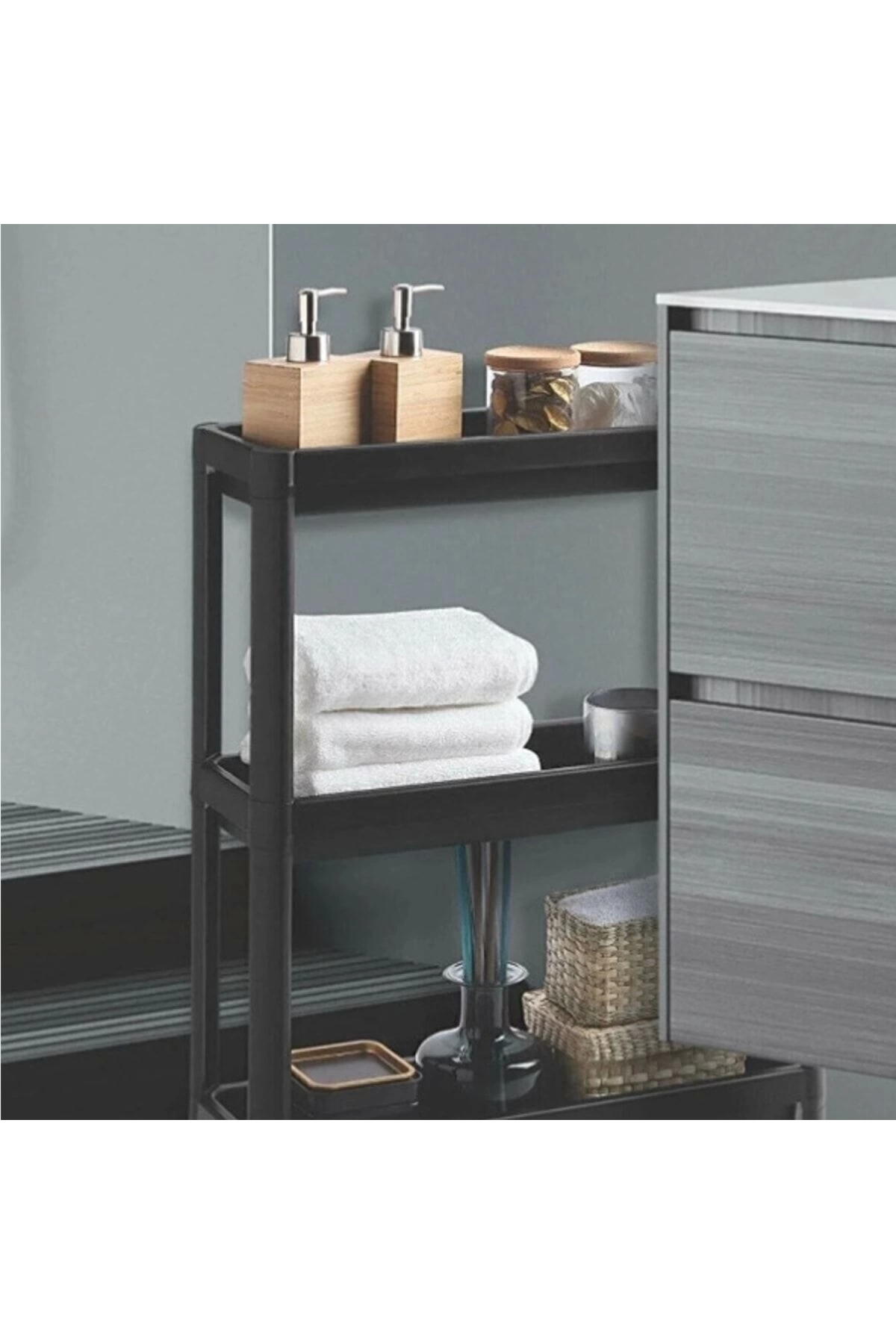 Multipurpose 3-Tier Black Shelf with Wheels Plastic Shelf Kitchen Bathroom Shelf
