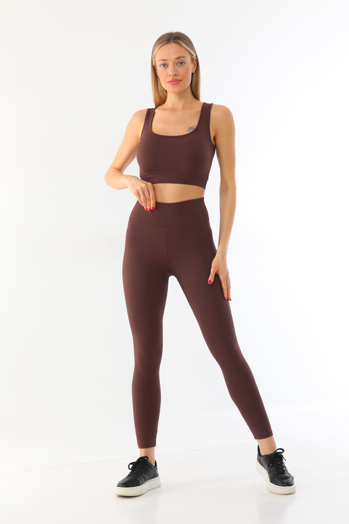 kallima Kahverengi Toparlayıcı Esnek Yüksek Bel Fitilli Spor Tayt - Crop Takım