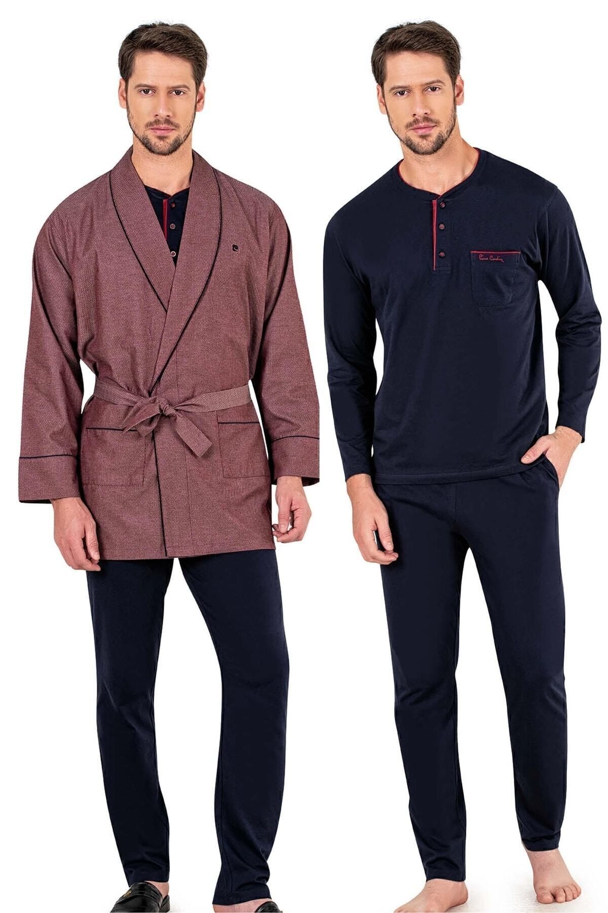 پیر کاردین ست لباس خواب آستین بلند نخی سرمه‌ای و ربان برای دامادها