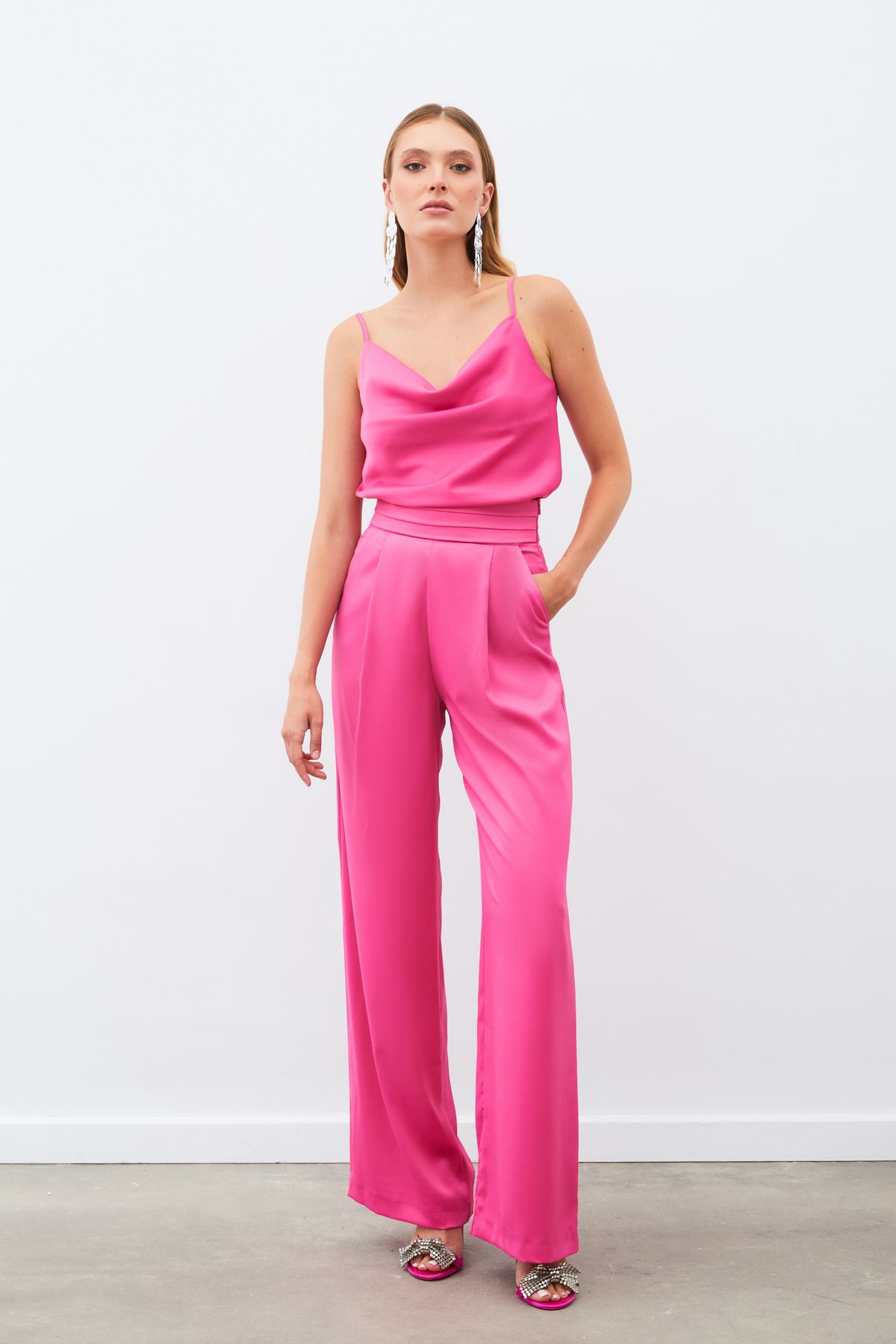 Sateen-Loose Satin Trousers with Pockets - FUCHIA 4