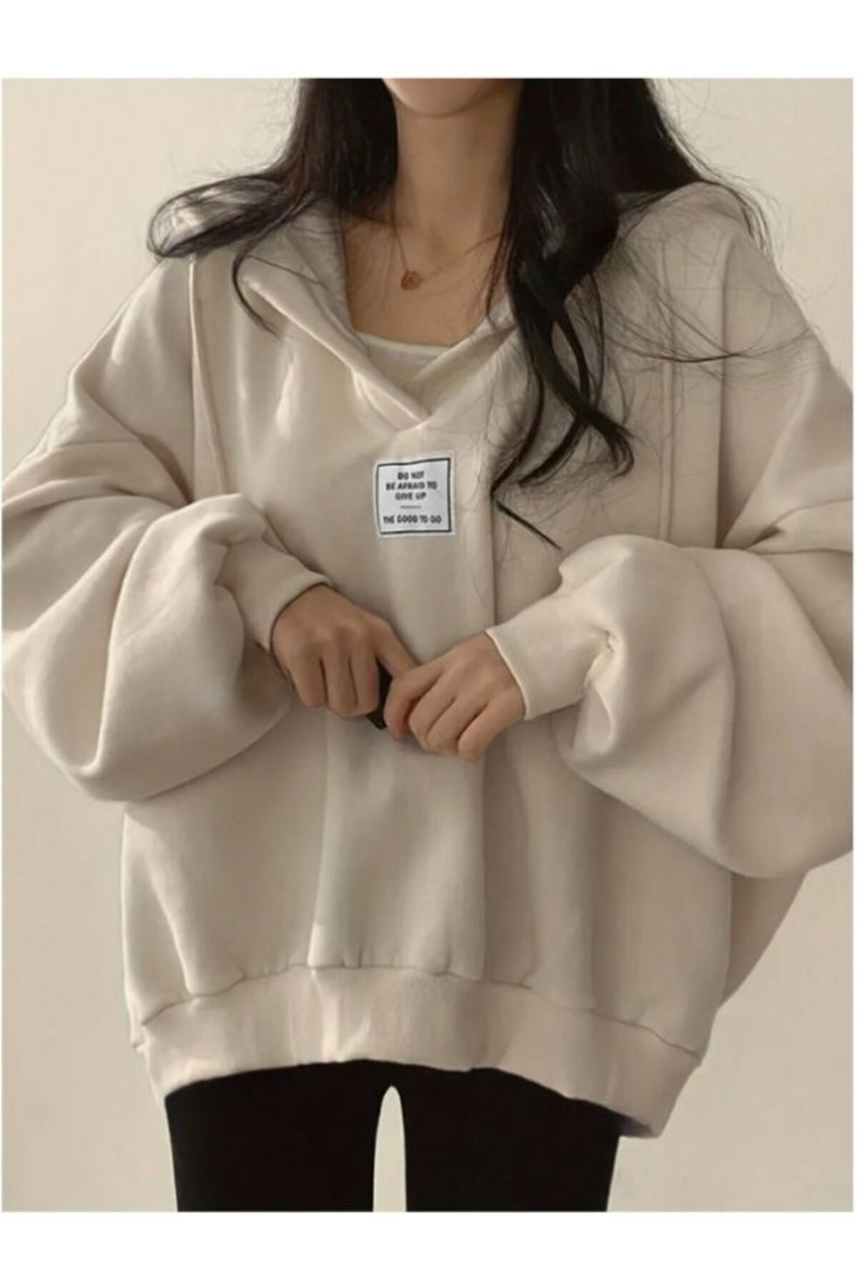 MOONBULL Unisex Patlı Kapüşonlu Oversize Sweatshirt — بژ parlı_kpsswt