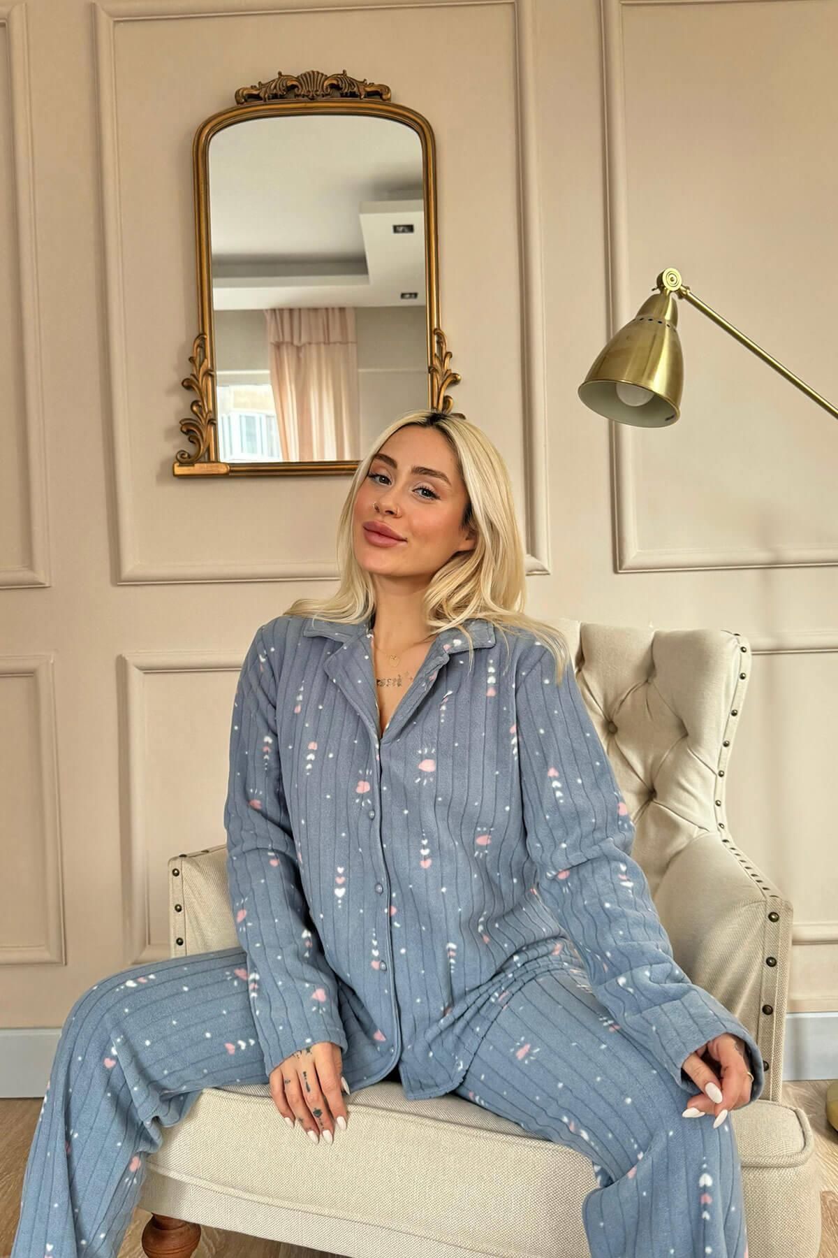 Pijamaevi-Gray Heart Patterned Front Buttoned Plush Fleece Pajama Set 4