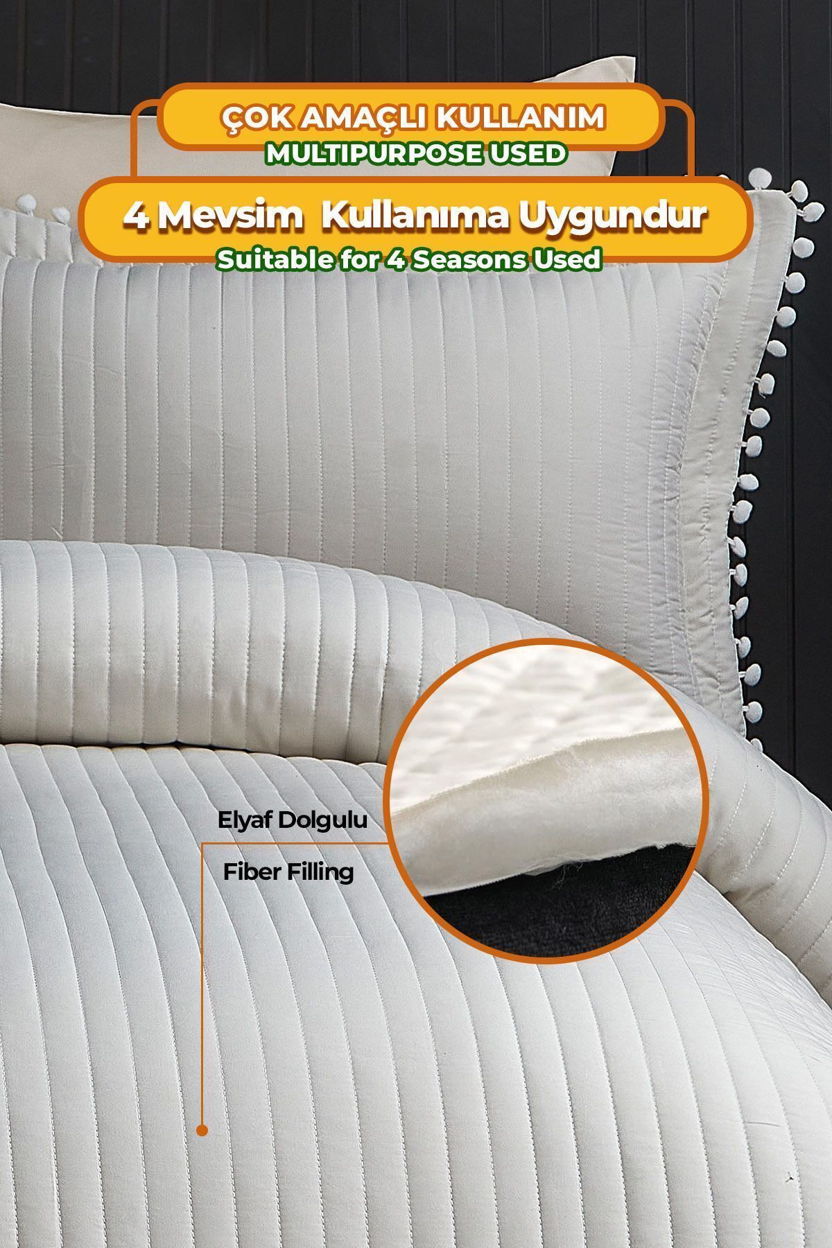Evlen Home Ponponlu Çift Kişilik Düz Sade %100 Pamuklu Yatak Örtüsü Kapitone Pike Takımı Çizgili Beyaz