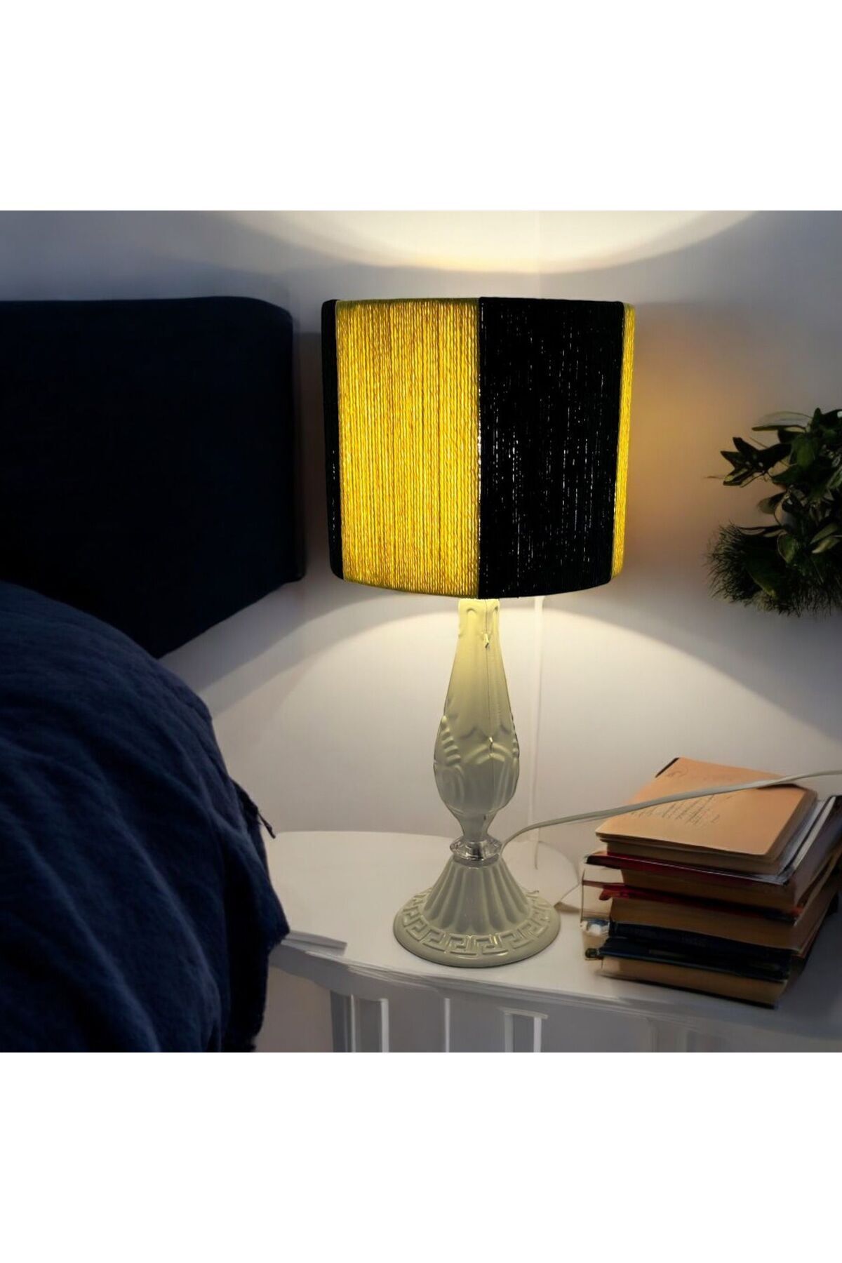 HARFA TEKNOLOJİ-Yellow Navy Blue Wicker Braided Fan Fantic Lampshade - Metal Leg 3
