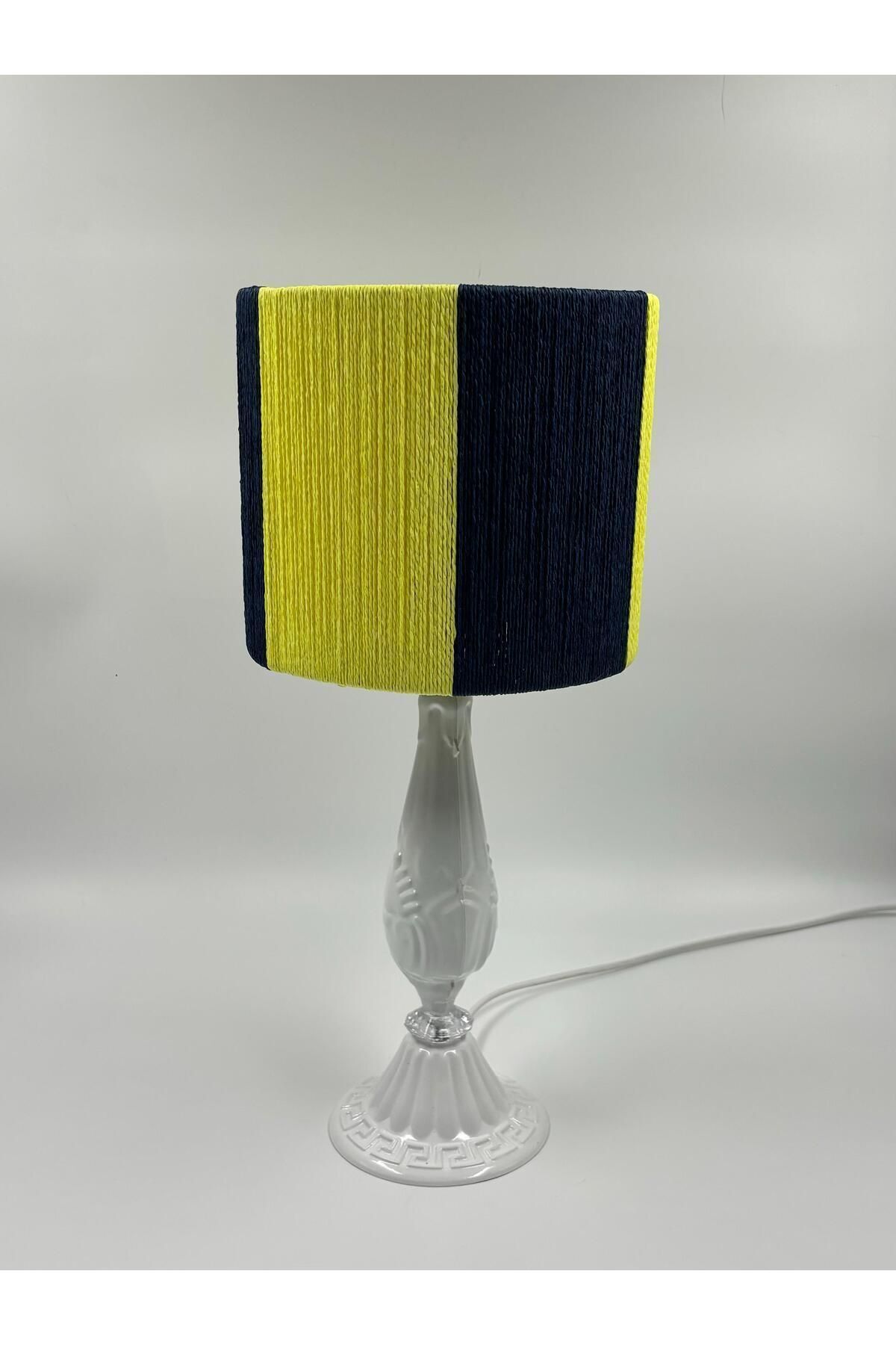 HARFA TEKNOLOJİ-Yellow Navy Blue Wicker Braided Fan Fantic Lampshade - Metal Leg 2