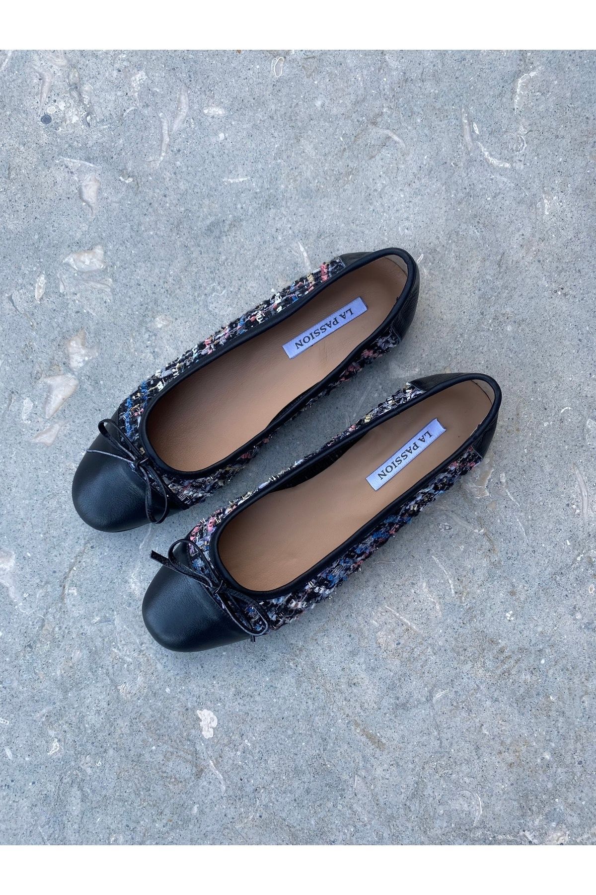 LA PASSION-Women's Casual Ballerinas, Genuine Leather Black Tweed Ballerinas 1