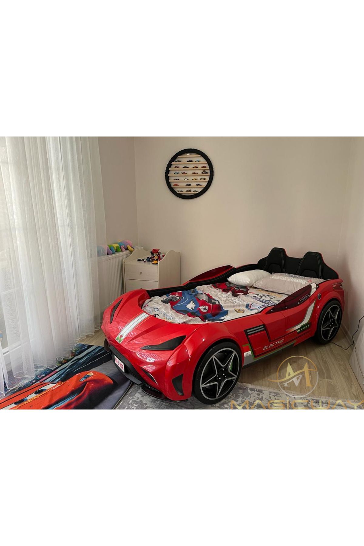 Magicway Renkli Işık Tekerlek Duvar Rafı Ahşap Dekoratif Lastik Çocuk Otoparkı Montessori Eğitim Gece Lambası fotoğrafı 2 (önizleme)