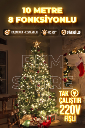 rkmstore 10 Metre Gün Işığı 100 Ledli Fişli 8 Fonksiyonlu Yılbaşı Ağacı Işığı...