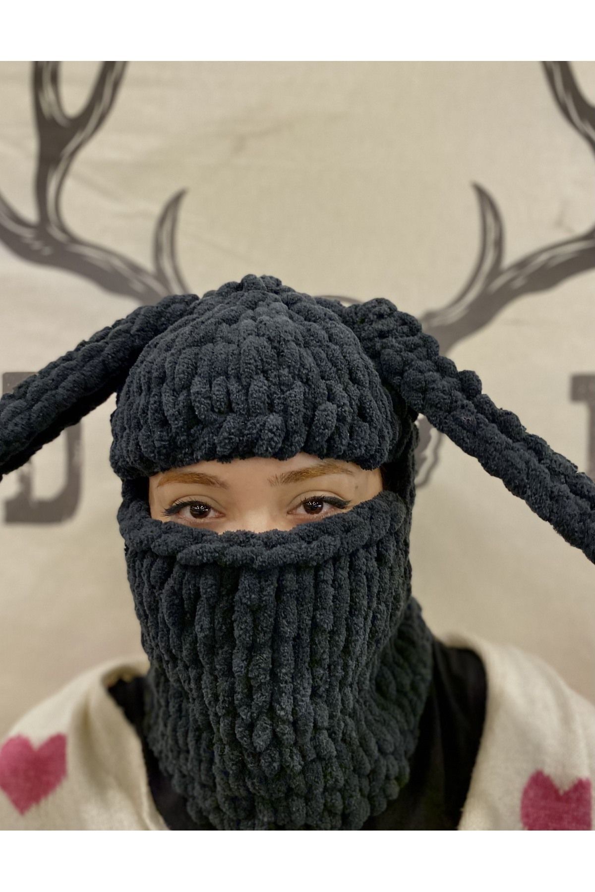 KnitBee Siyah Tavşan Kulak Kar Maskesi , Balaklava, Balaclava
