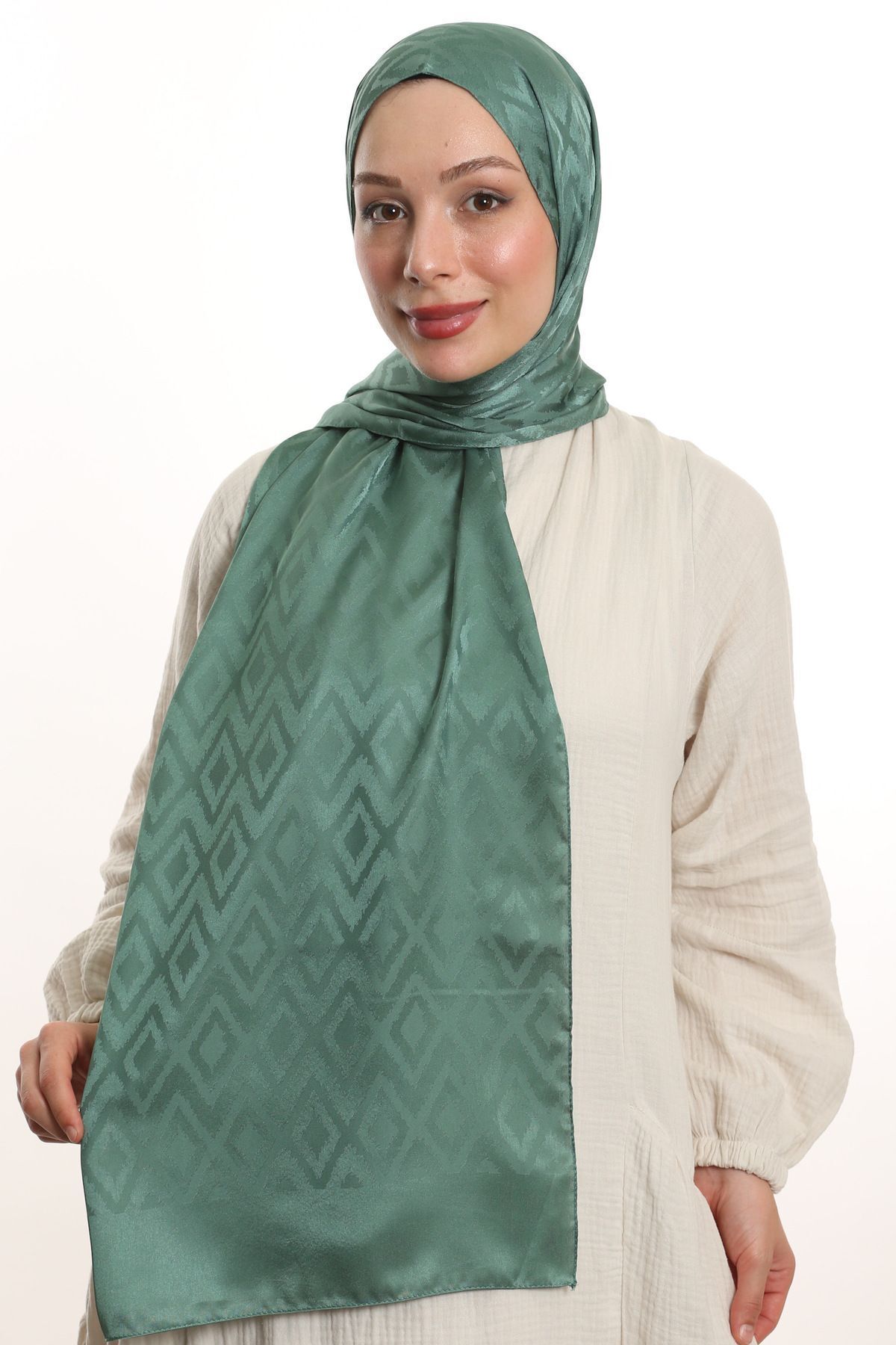 m moon scarf-High Quality Tile Pattern Silky Jacquard Shawl - Imported Fabric and Italian Stitching "mildew Green" 4