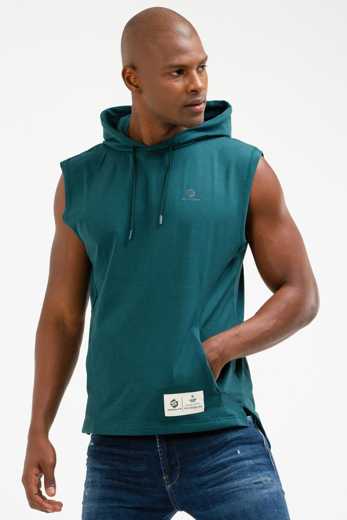 speedlife-Petrol Regular Cotton Hooded Zero Sleeve Men's T-Shirt Xf1164 2