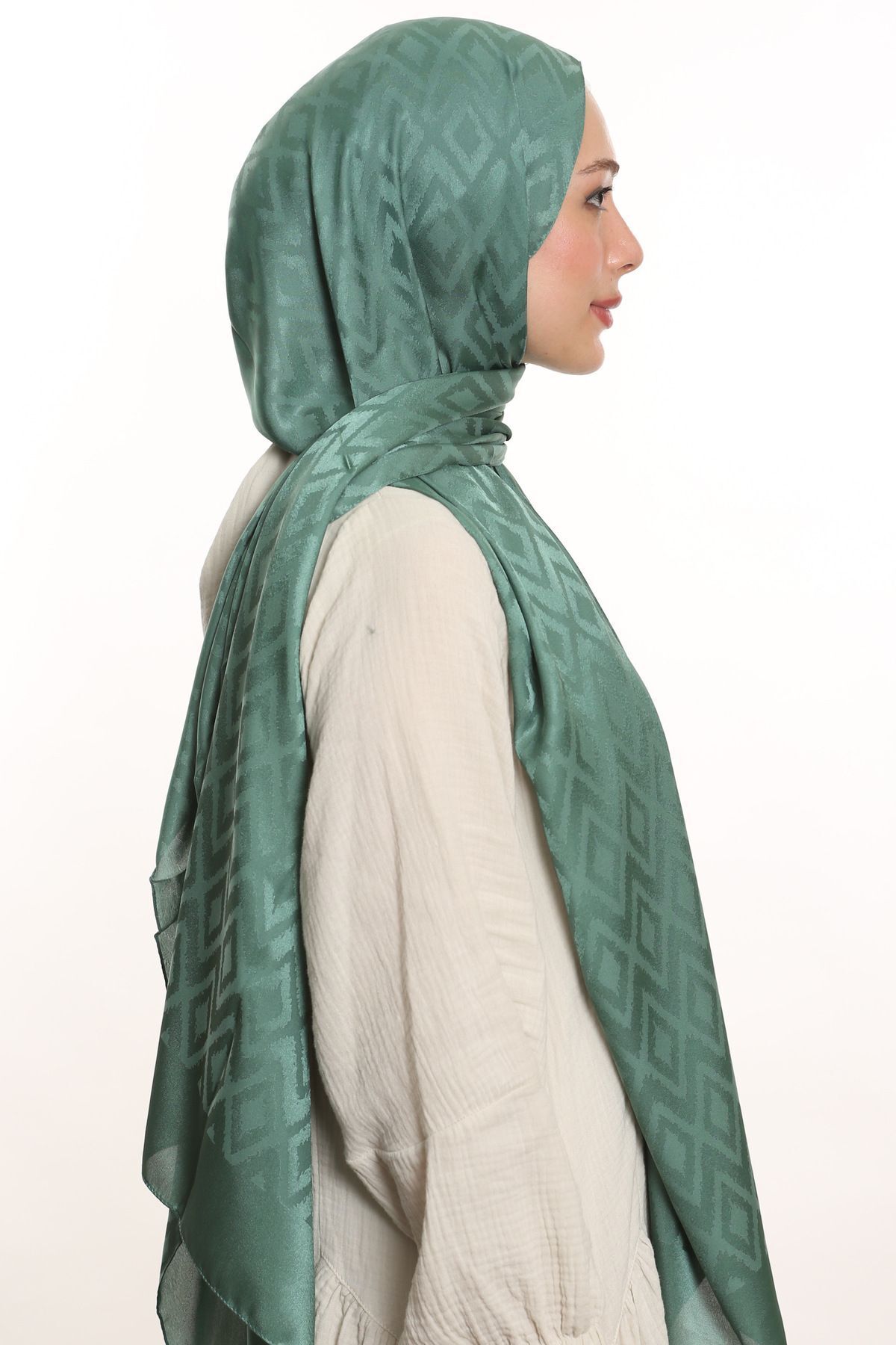 m moon scarf-High Quality Tile Pattern Silky Jacquard Shawl - Imported Fabric and Italian Stitching "mildew Green" 5