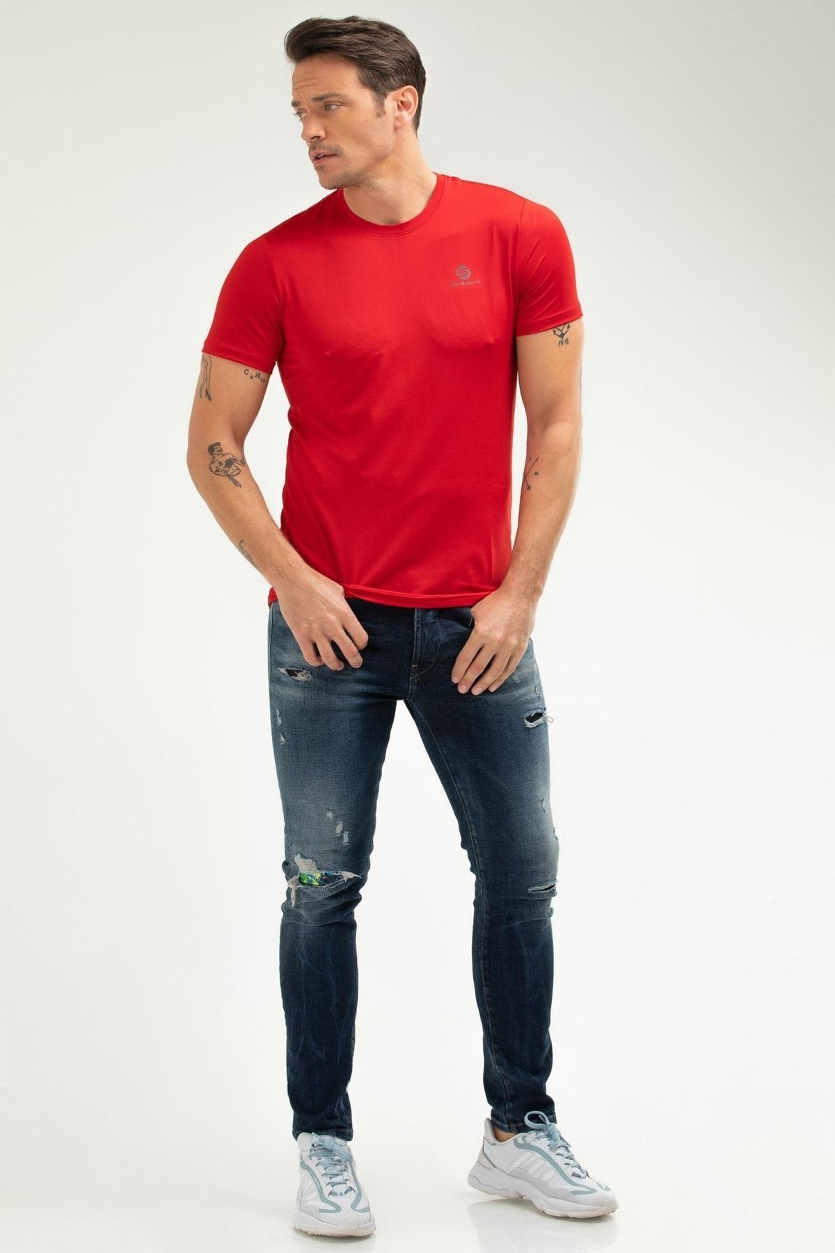 speedlife-Red Regular Knitted Pattern Crew Neck Short Sleeve Men's T-Shirt Xf1226 6
