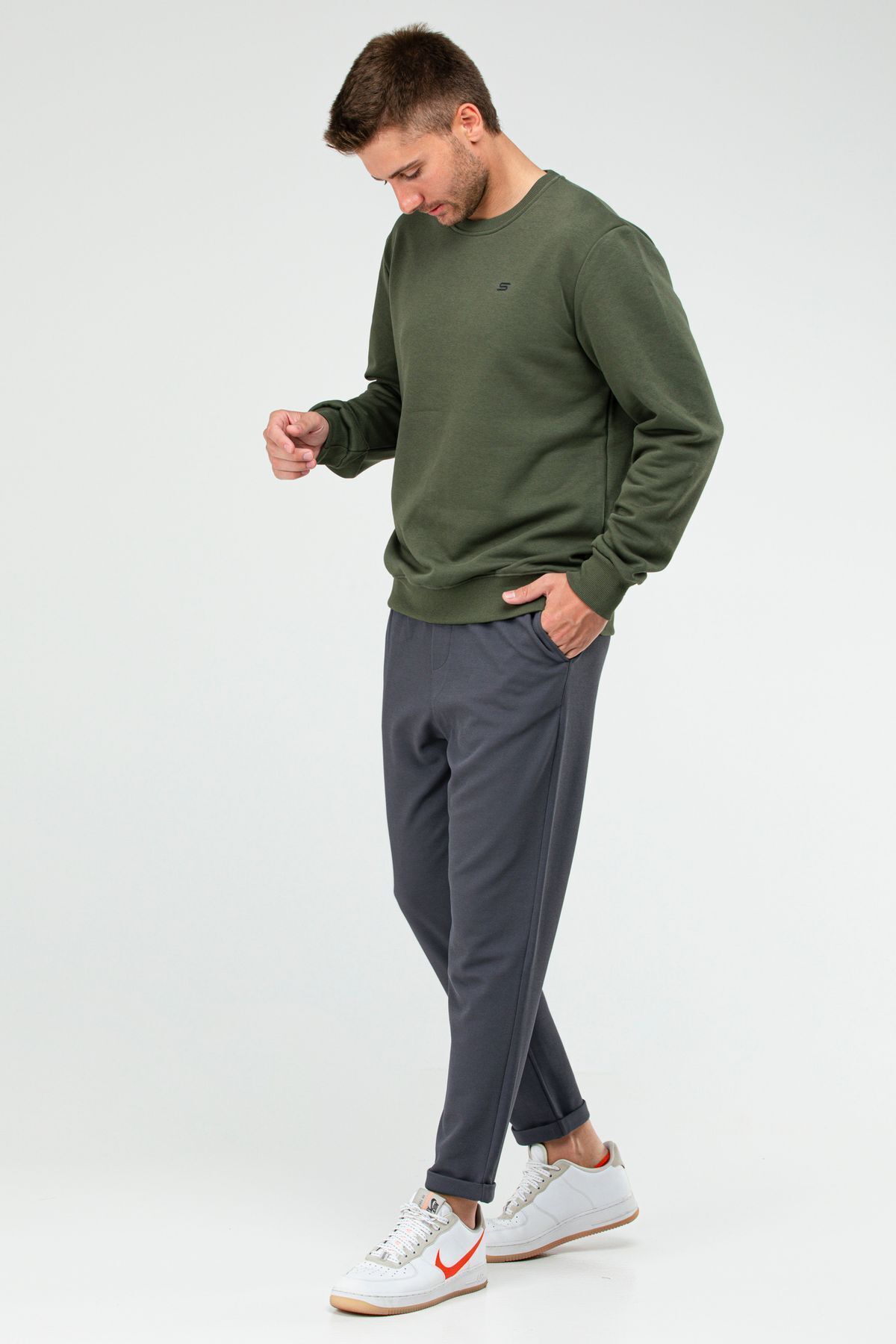speedlife-Ανδρικό φούτερ Χακί Regular Cotton Crew Neck Basic 6