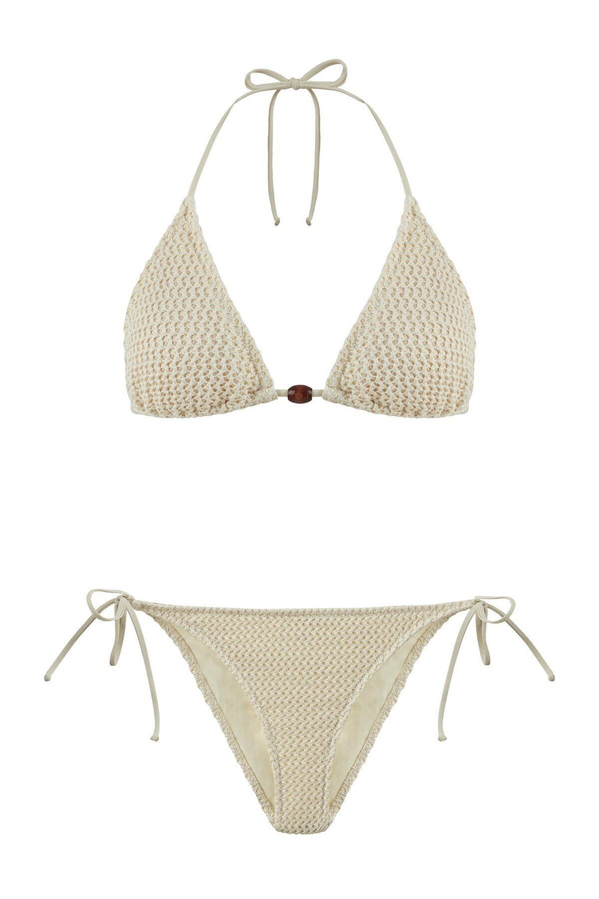 AQUELLA Ekru Kroşe Üçgen Bikini Takım