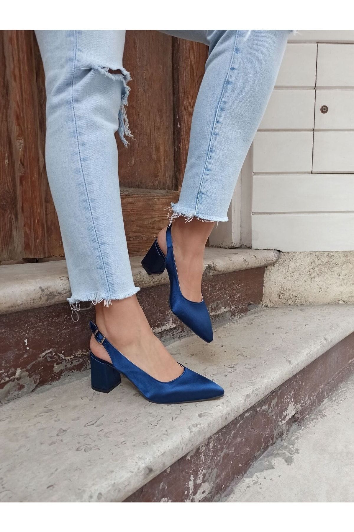 Atelierby DS Navy Blue Satin Thick Heel Women s Heeled Shoes Trendyol