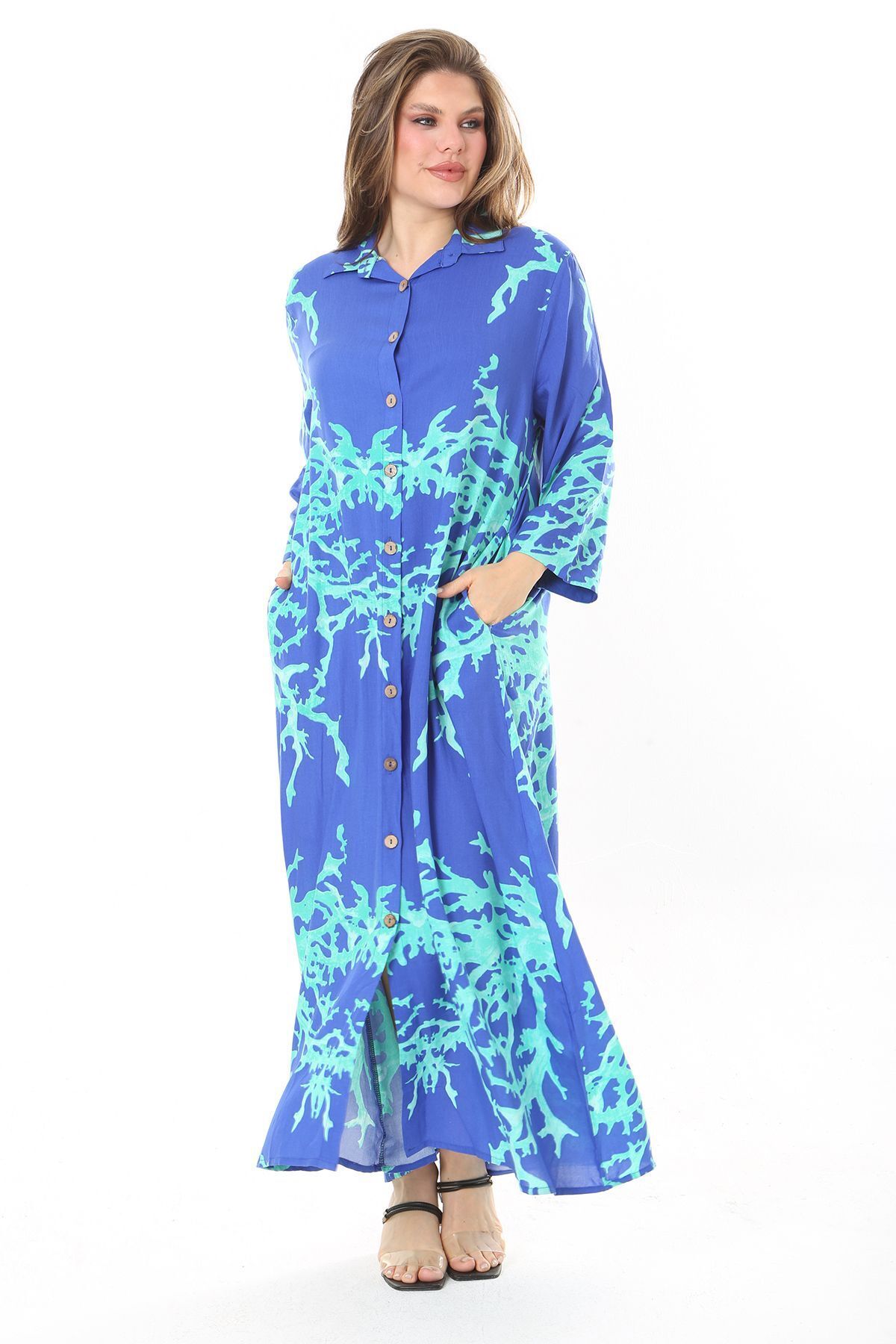 Şans-Rochie lungă cu guler de cămașă, cu nasturi, cu lungime în față, Saxe, pentru femei 65N37875 5