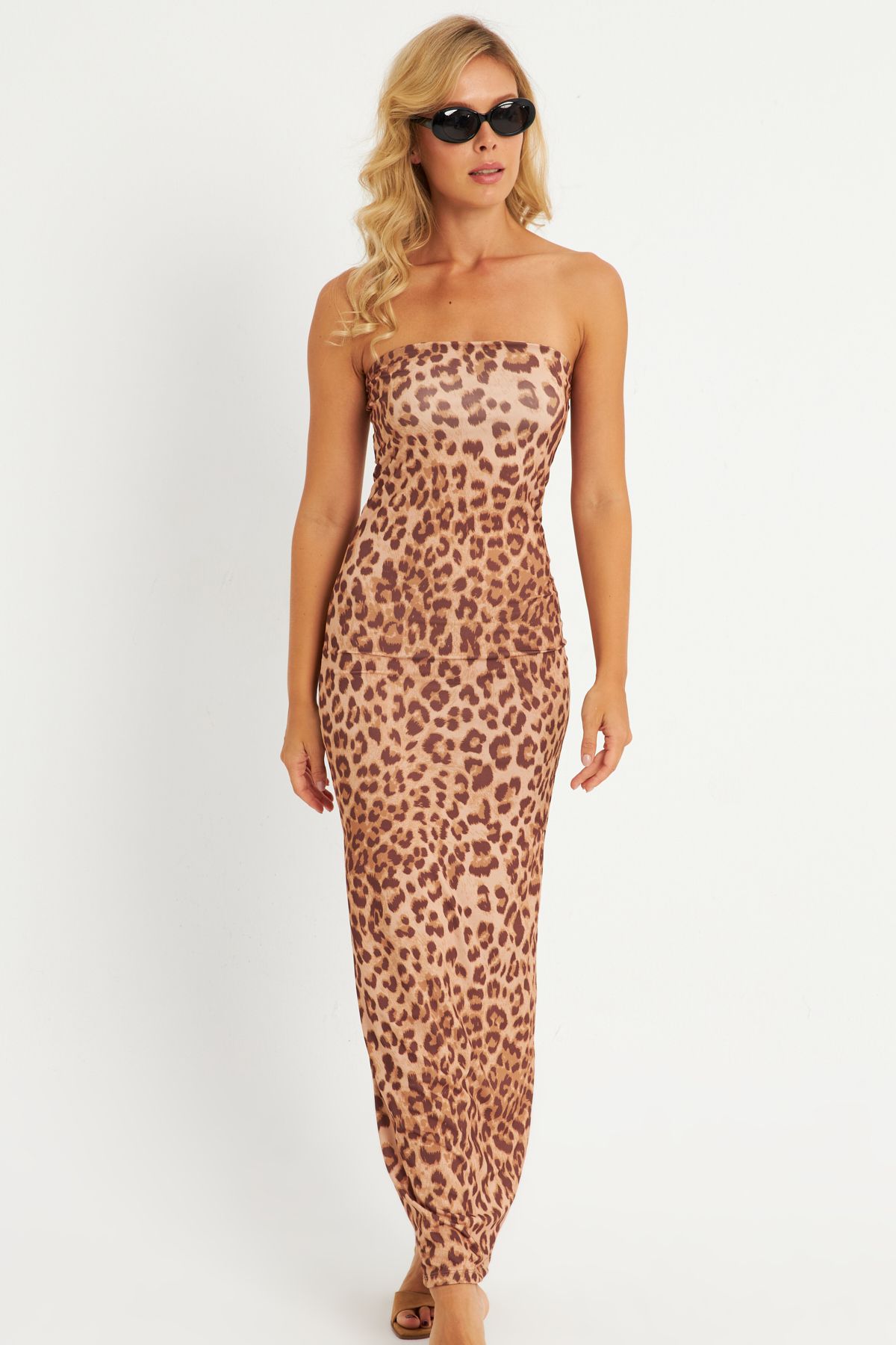 Kadın Camel Leopar Desenli Midi Straplez Yılbaşı Elbise XC001