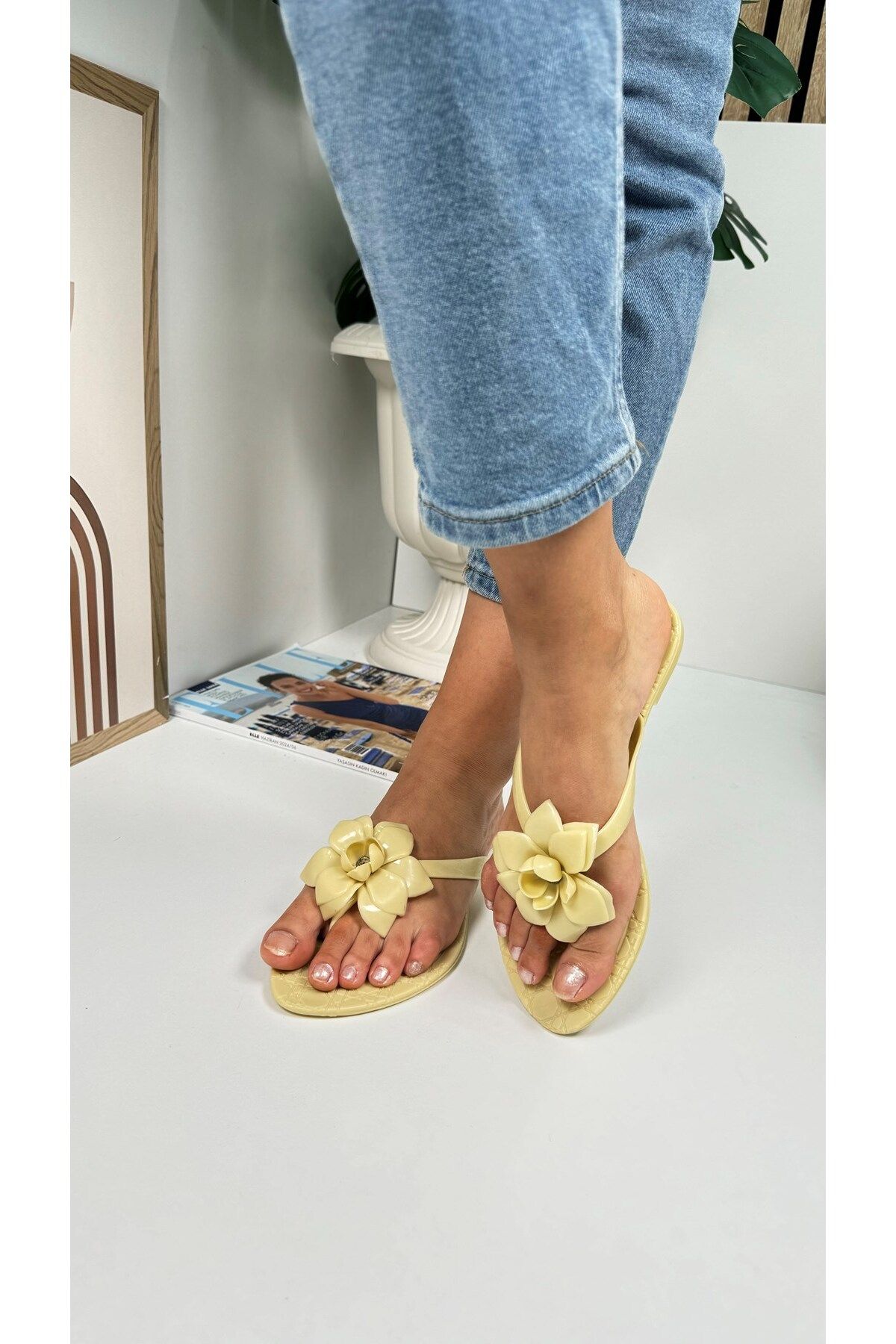 Nstil-Beige Women's Slippers - Flip Flops Oval Toe, Flat Sole and Flower Detail C8 4
