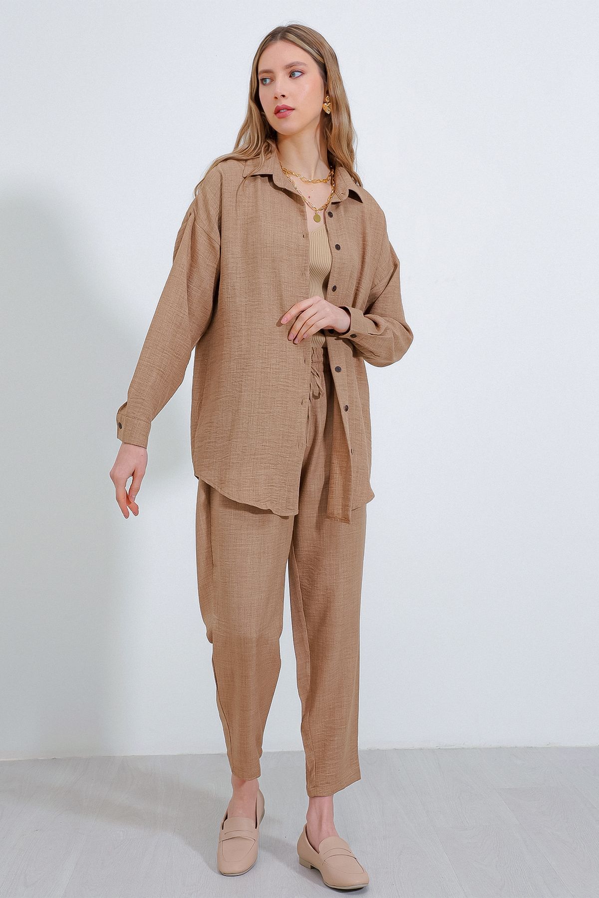 Bigdart-Women's Camel Oversize Linen Bottom Top Set 6622 2