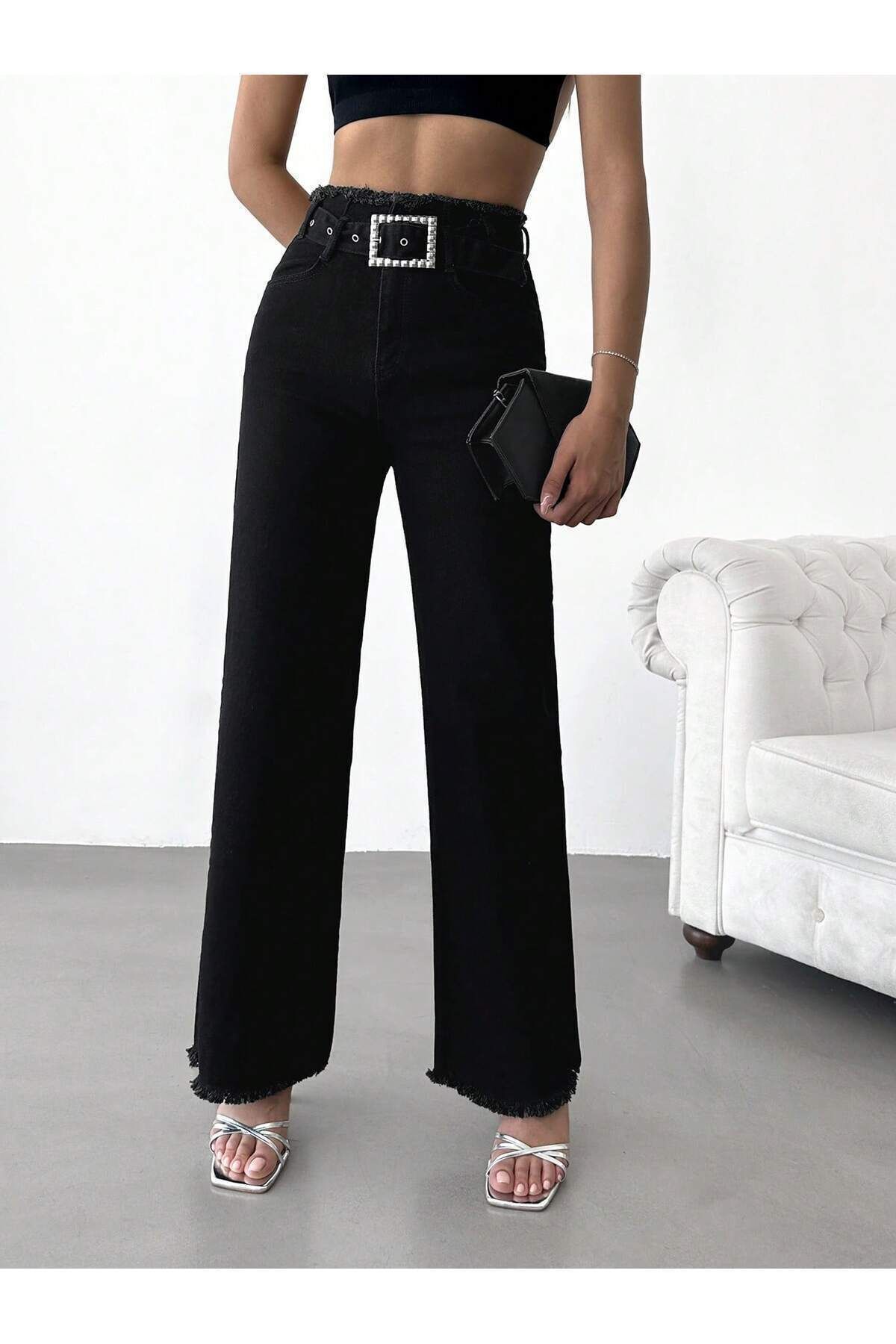 Women's High Waist Belted Waist Tassel Leg Tassel Black Lycra Palazzo Jean