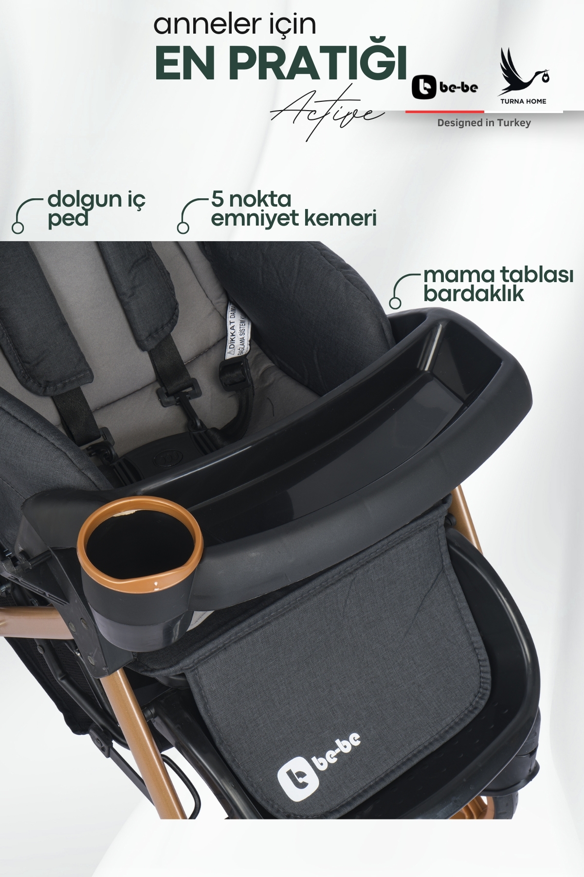 4 Baby Be-be Turnahome Active Çift Yönlü Tam Yatış Pozisyonlu Pratik Katlanır Mama Tablalı Bebek Arabası fotoğrafı 5 (önizleme)