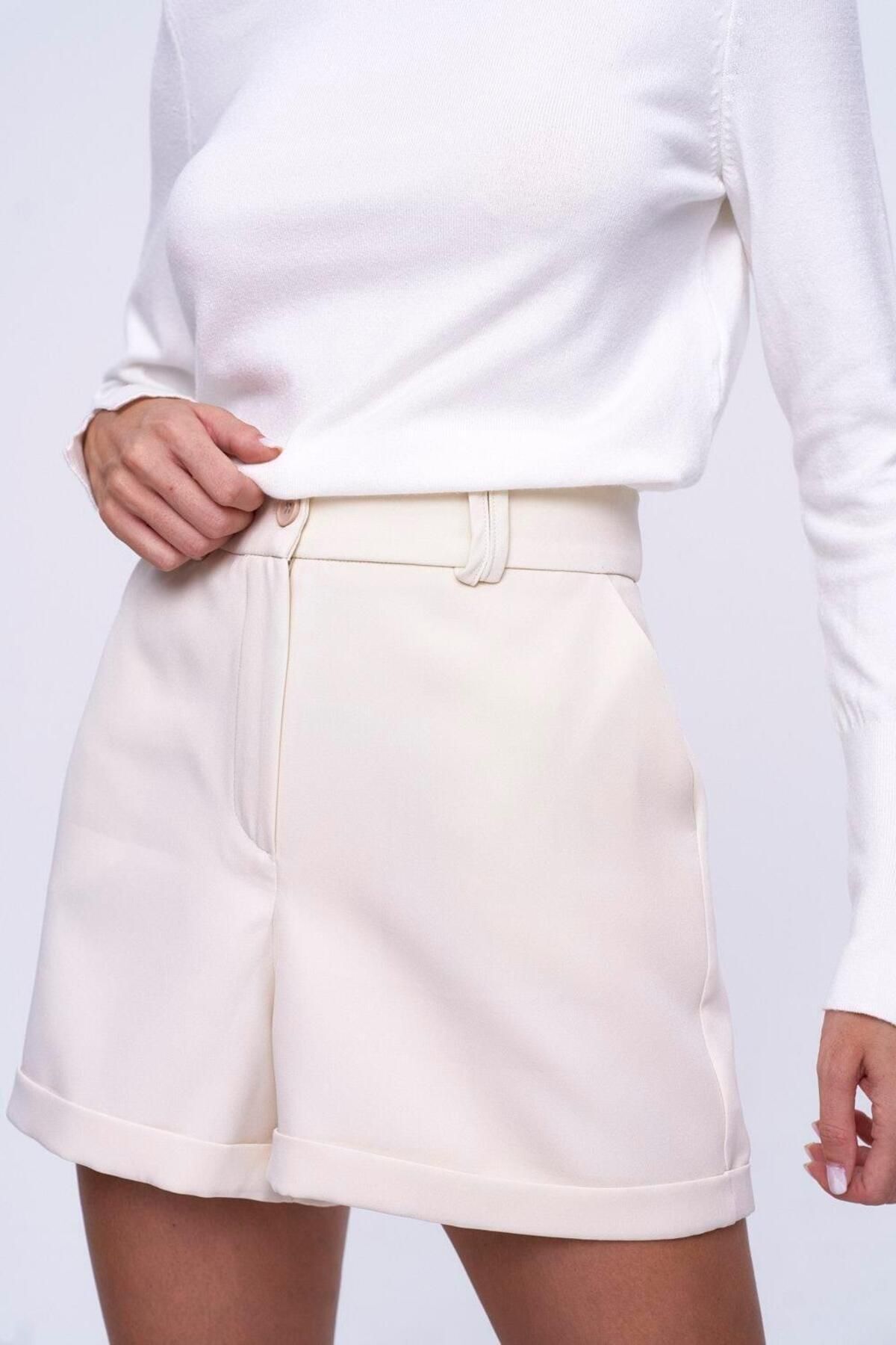 Tuba Butik-High Waist Bermuda Ecru Women's Shorts 7