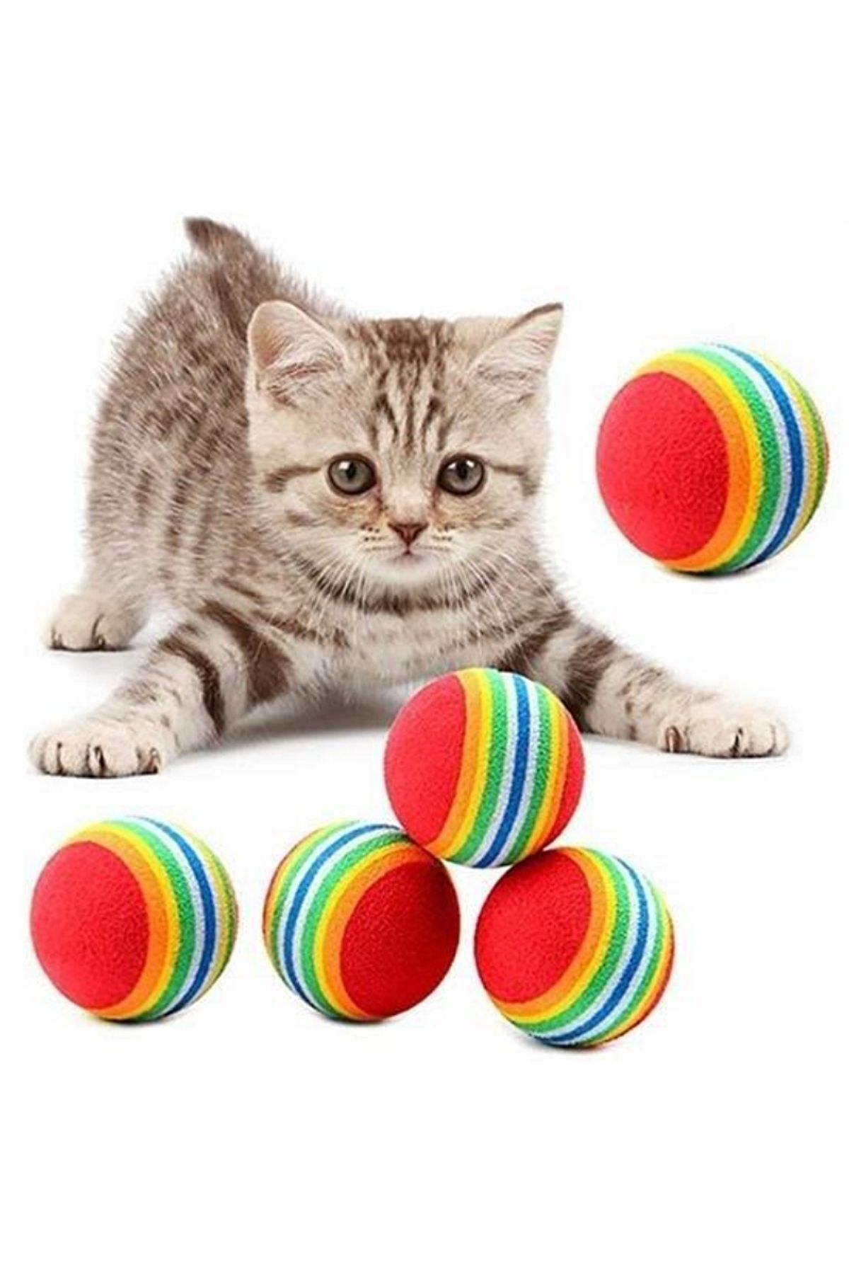 Genel Markalar 3'lü Gökkuşağı Sünger Kedi Köpek Çiğneme Oyun Topu 4,2 cm - Rainbow Çizgili Kedi Oyuncağı