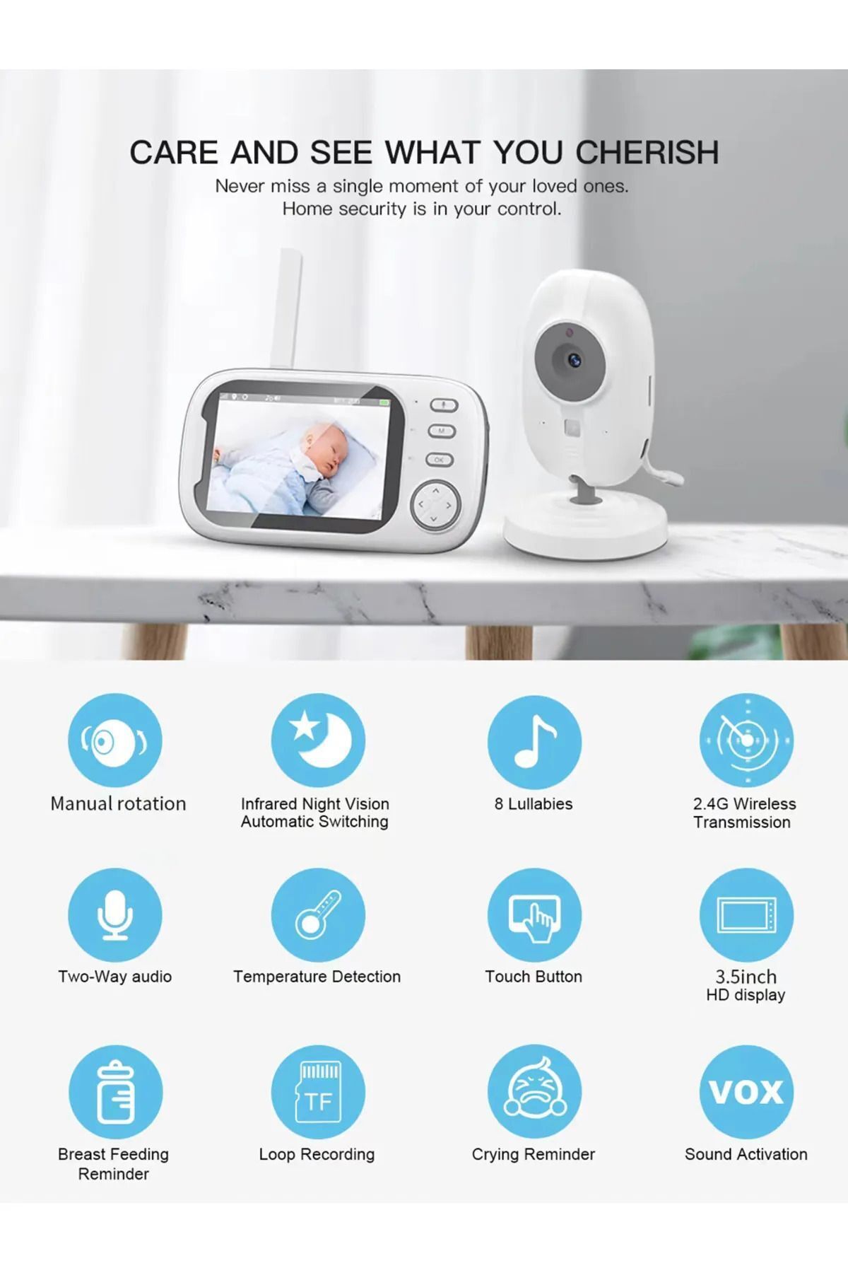 solutions technology Bebek Monitörü LCD Ekranlı | Gece Görüşlü İzleme Kamerası | 8 Ninni ve Oda Isı Kontrollü Sistem fotoğrafı 7 (önizleme)