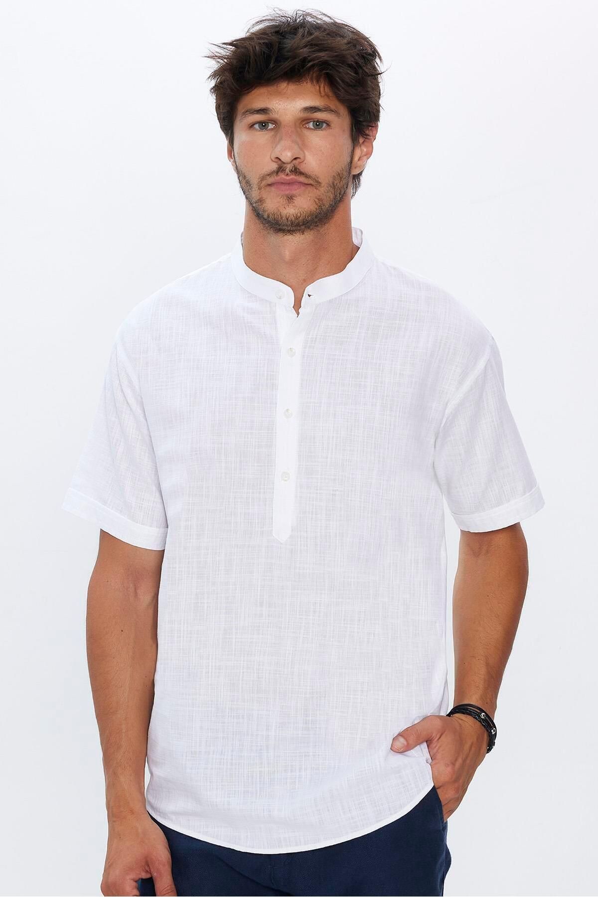 Tudors-White Prevailing Collar - 100% Cotton Linen Shirt, Short Sleeve, Relax Fit Dobby Men's Shirt 2