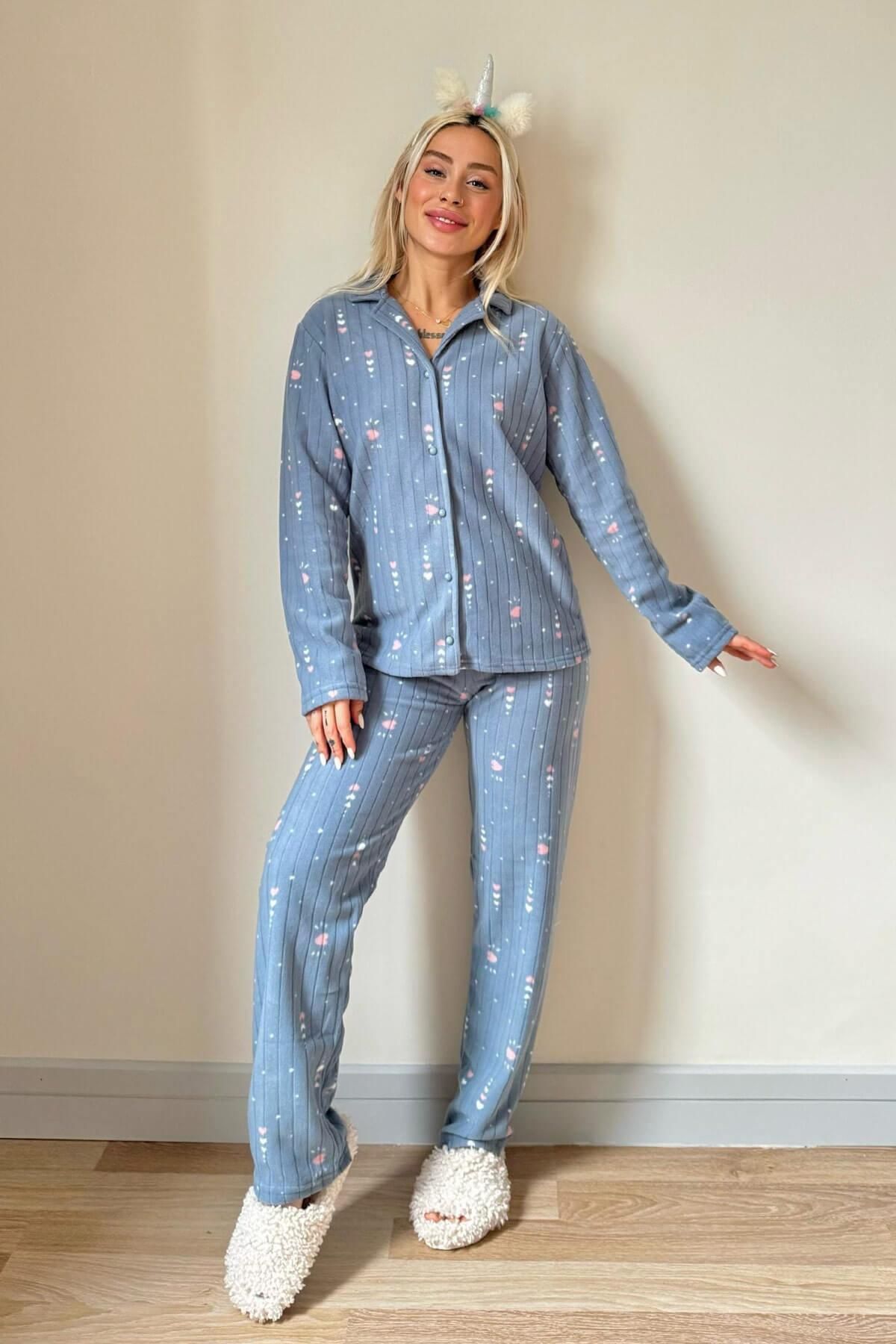Pijamaevi-Gray Heart Patterned Front Buttoned Plush Fleece Pajama Set 6