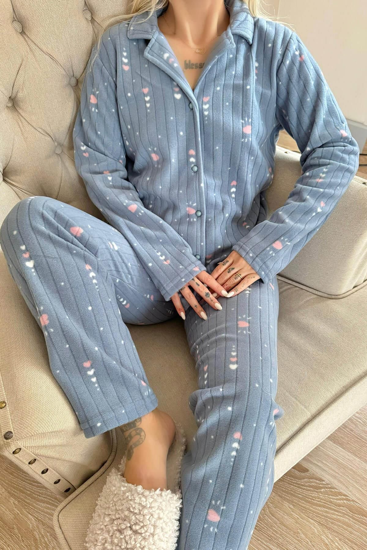 Pijamaevi-Gray Heart Patterned Front Buttoned Plush Fleece Pajama Set 5