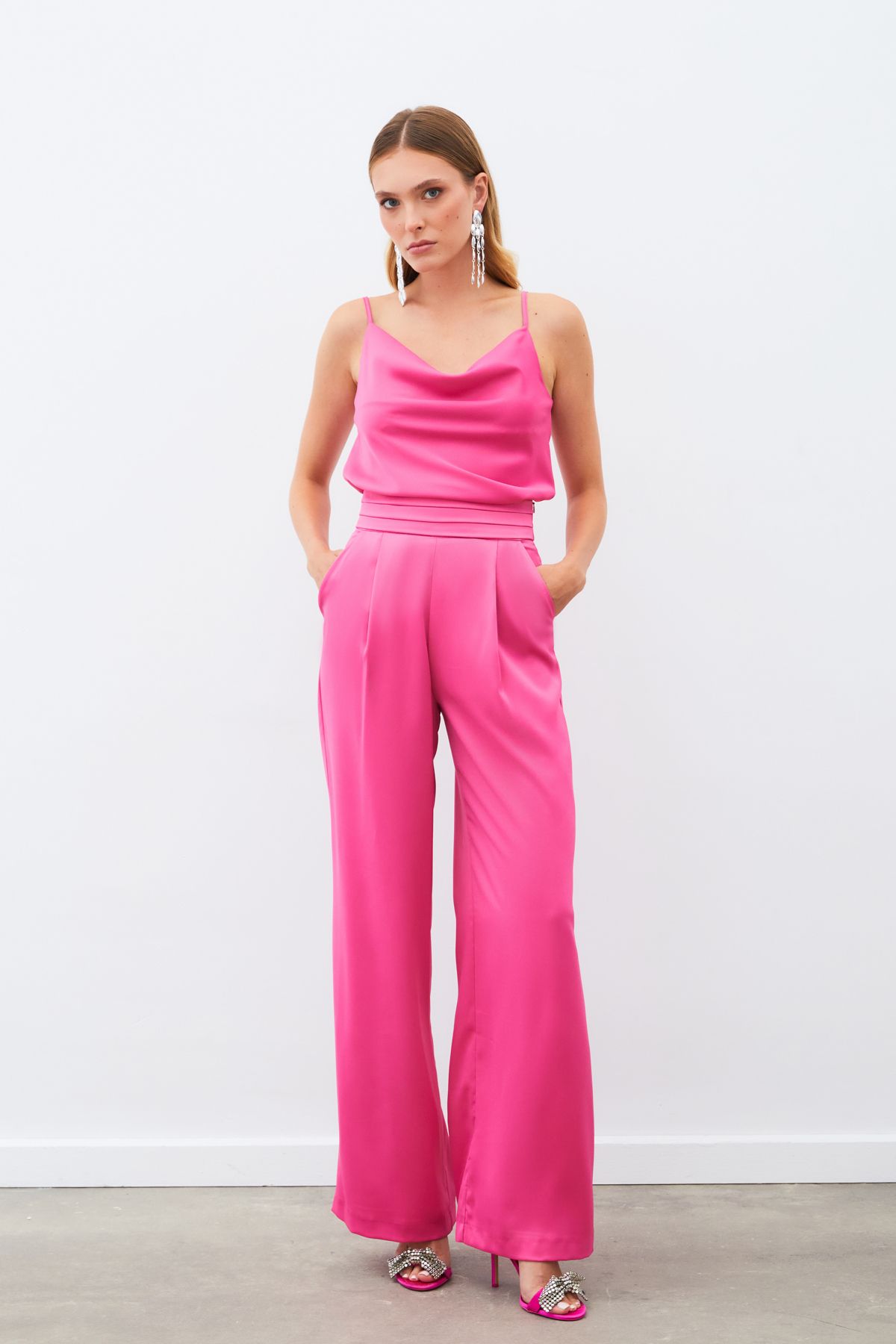 Sateen-Loose Satin Trousers with Pockets - FUCHIA 3
