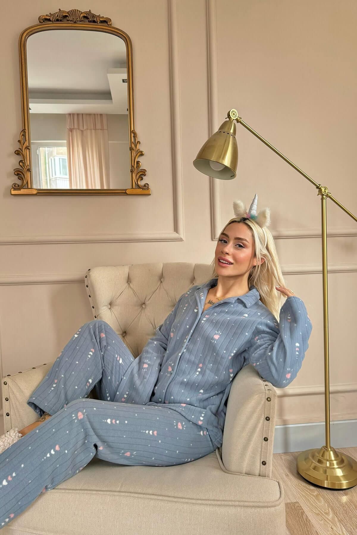 Pijamaevi-Gray Heart Patterned Front Buttoned Plush Fleece Pajama Set 3