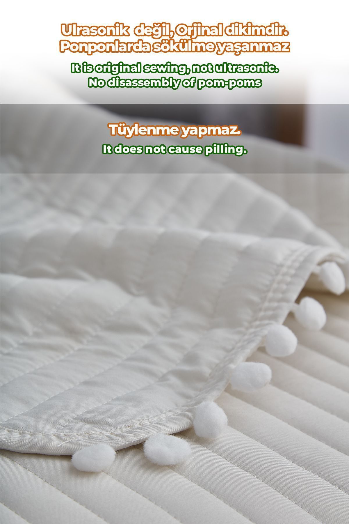 Evlen Home Ponponlu Çift Kişilik Düz Sade %100 Pamuklu Yatak Örtüsü Kapitone Pike Takımı Çizgili Beyaz