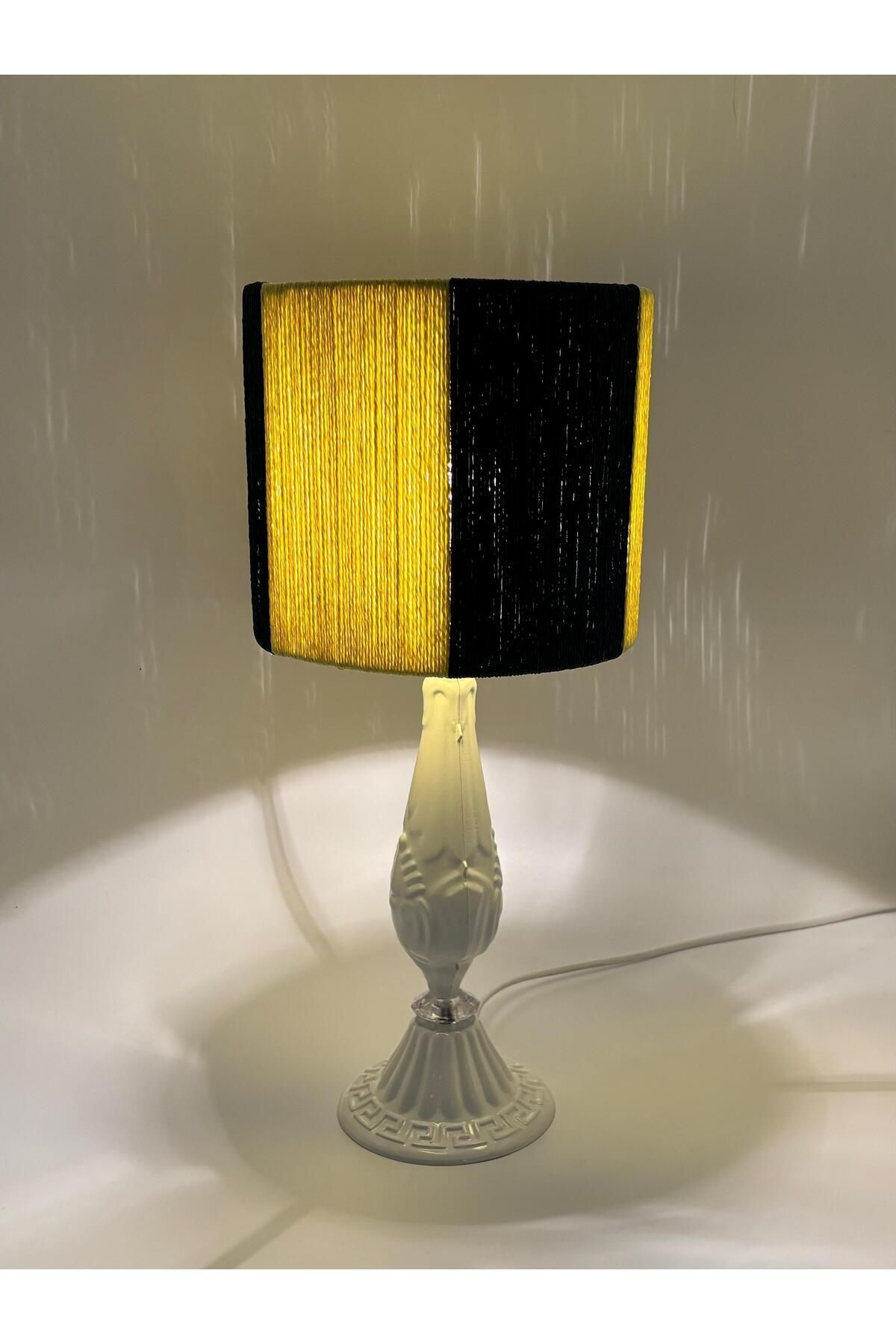 HARFA TEKNOLOJİ-Yellow Navy Blue Wicker Braided Fan Fantic Lampshade - Metal Leg 4