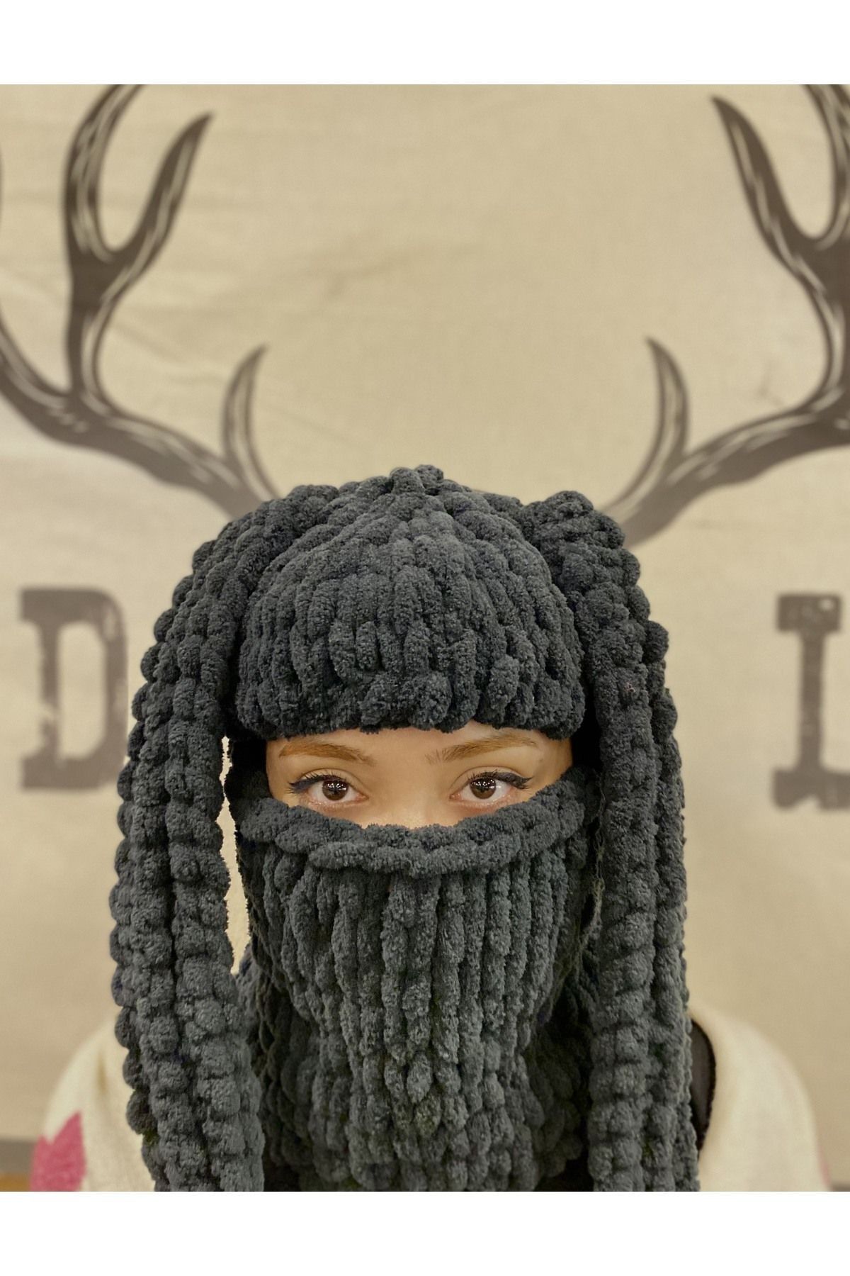 KnitBee Siyah Tavşan Kulak Kar Maskesi , Balaklava, Balaclava