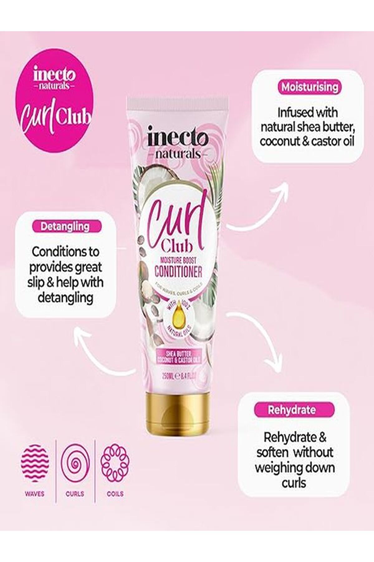 inecto-Curl Club, Curl Defining Conditioner 250ml, for Curly or Wavy Hair, 100% Natural 1