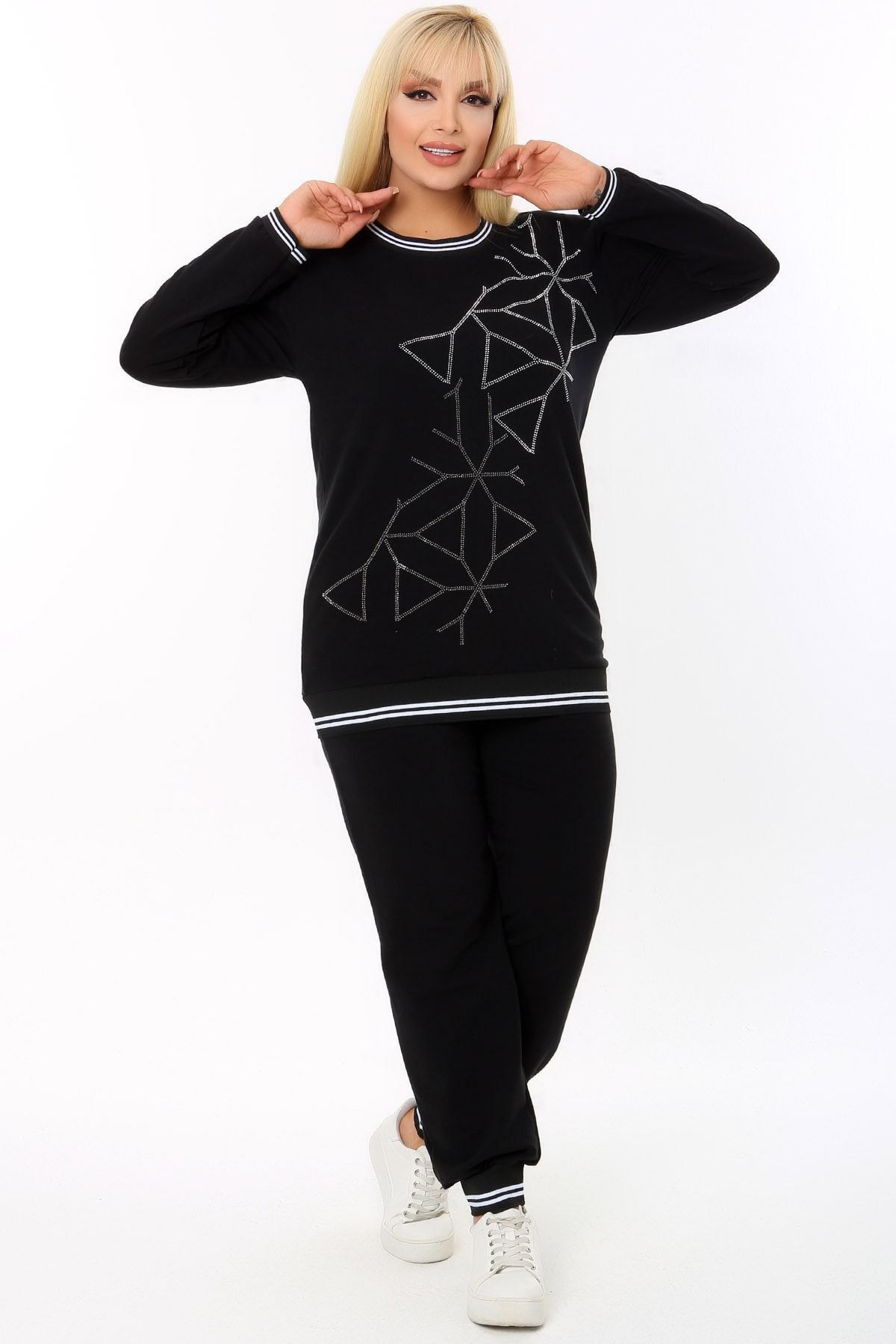 Kheos Gât Rotund În Față Cu Model Geometric Brodat Cu Piatră, Cu Mânecă Lungă, Buzunare, Elastic Și Cu Șireturi, Costum De Trening Confortabil Femeie